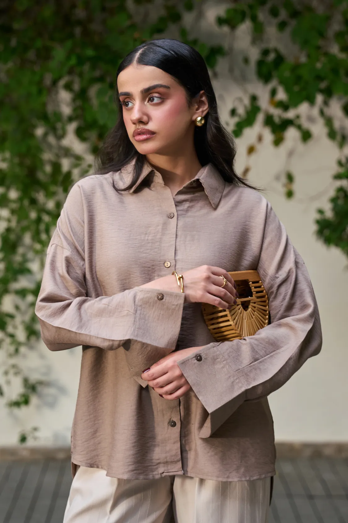 Brown Button Down Shirt - Beige Wide Linen Pants