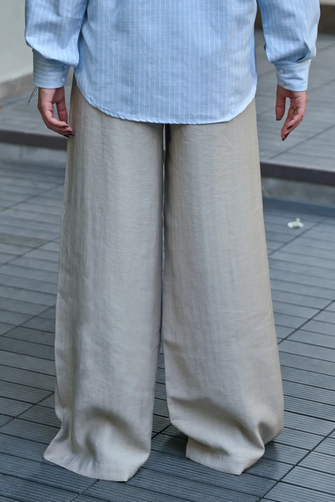 Brown Button Down Shirt - Beige Wide Linen Pants - Image 2