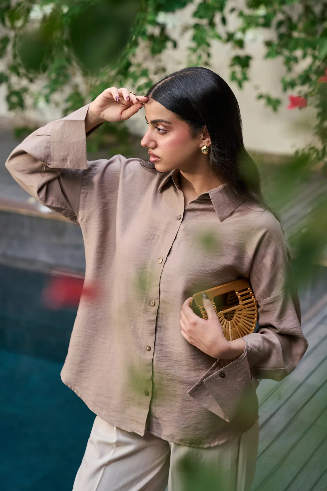 Brown Button Down Shirt - Beige Wide Linen Pants - Image 3