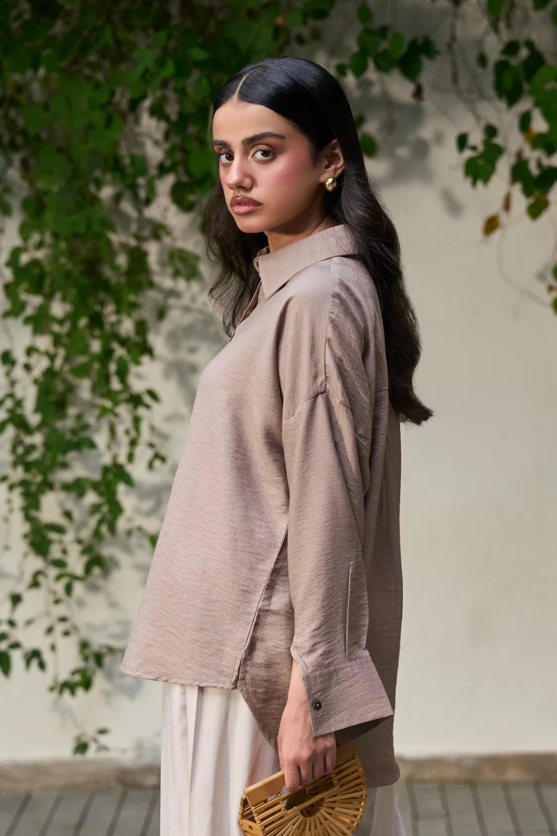 Brown Button Down Shirt - Beige Wide Linen Pants - Image 7