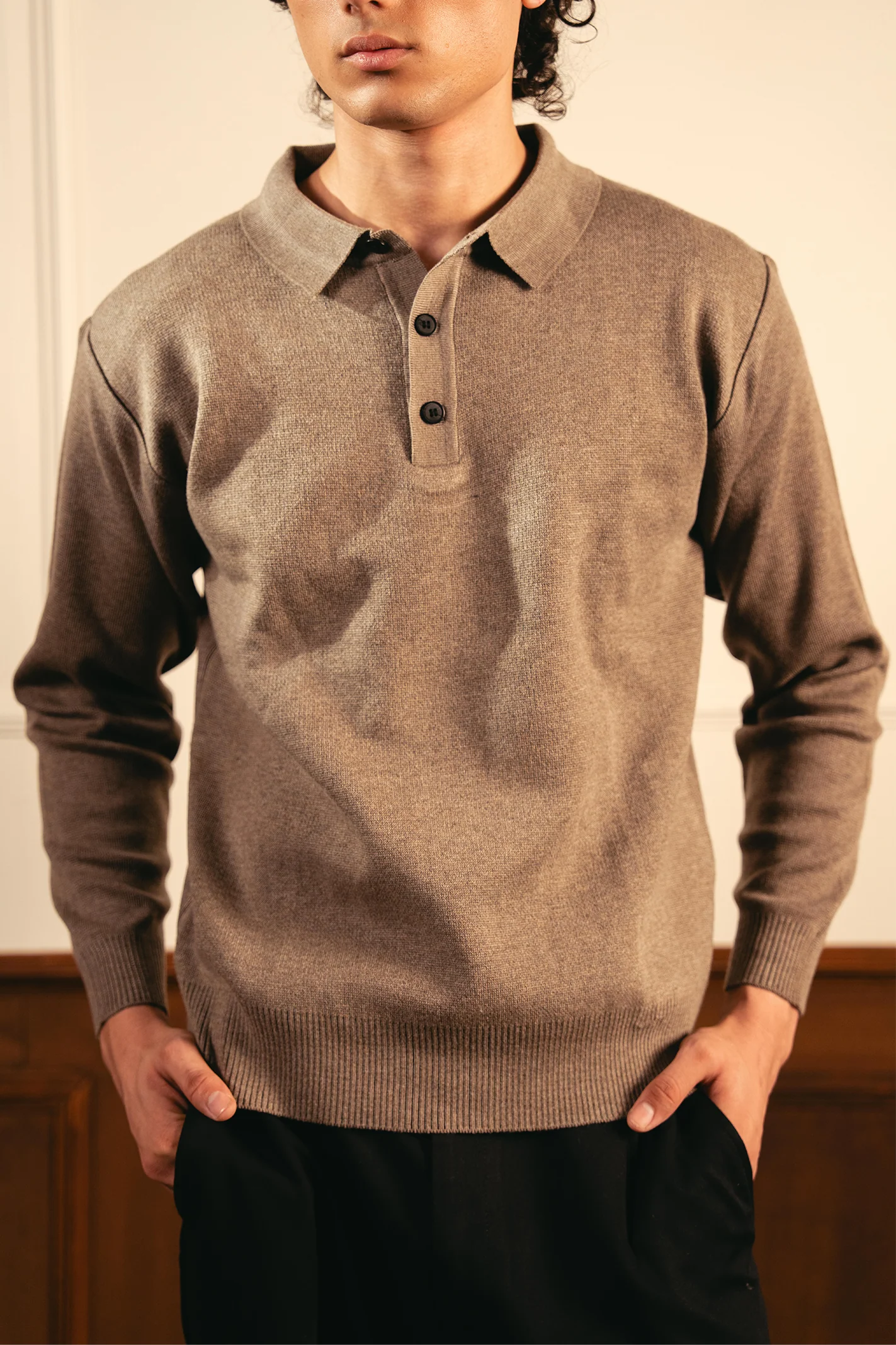 Classic Knitted Polo Shirt – Camel - Image 3