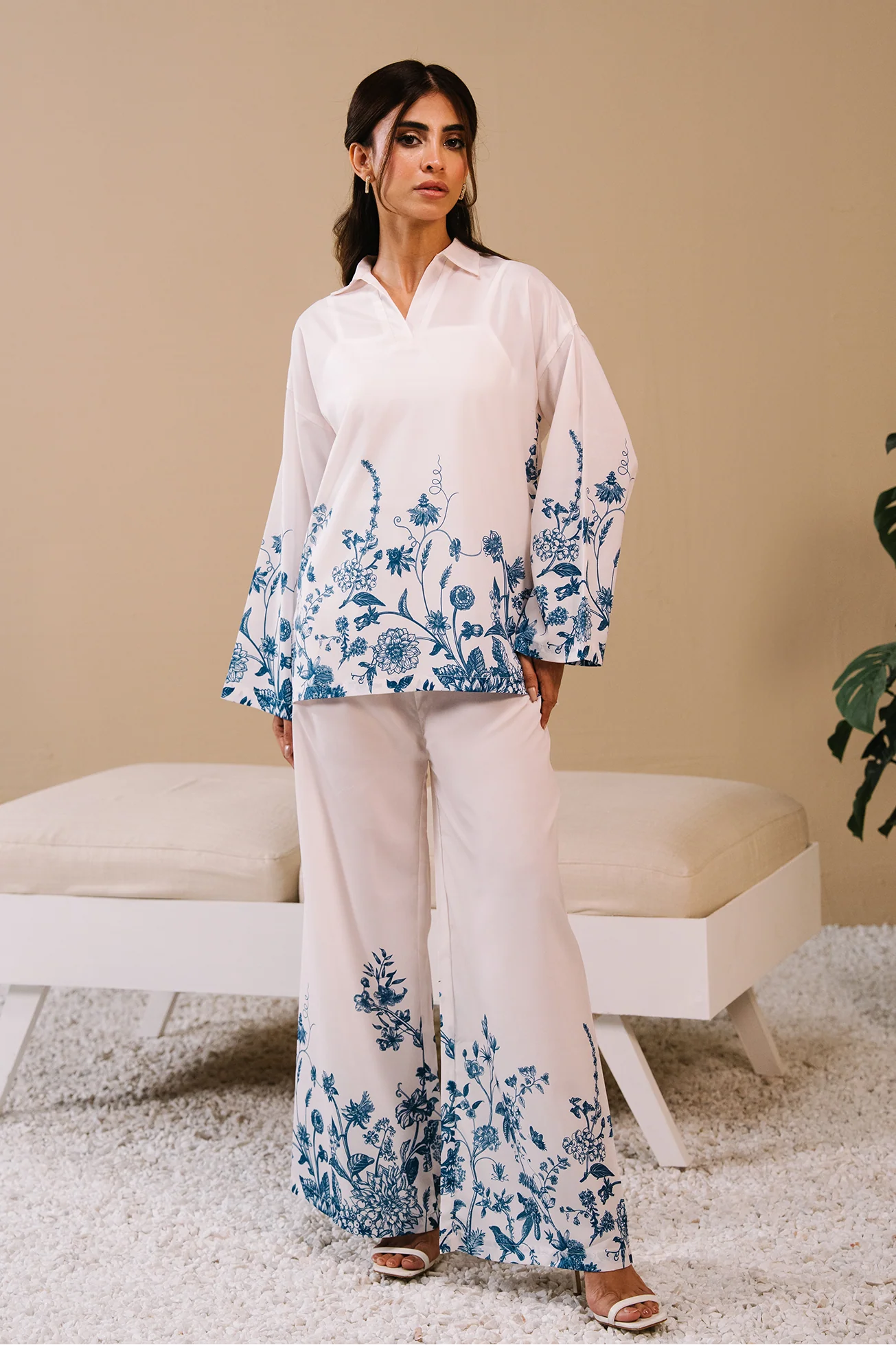 Collared Printed Co-ord Set - White