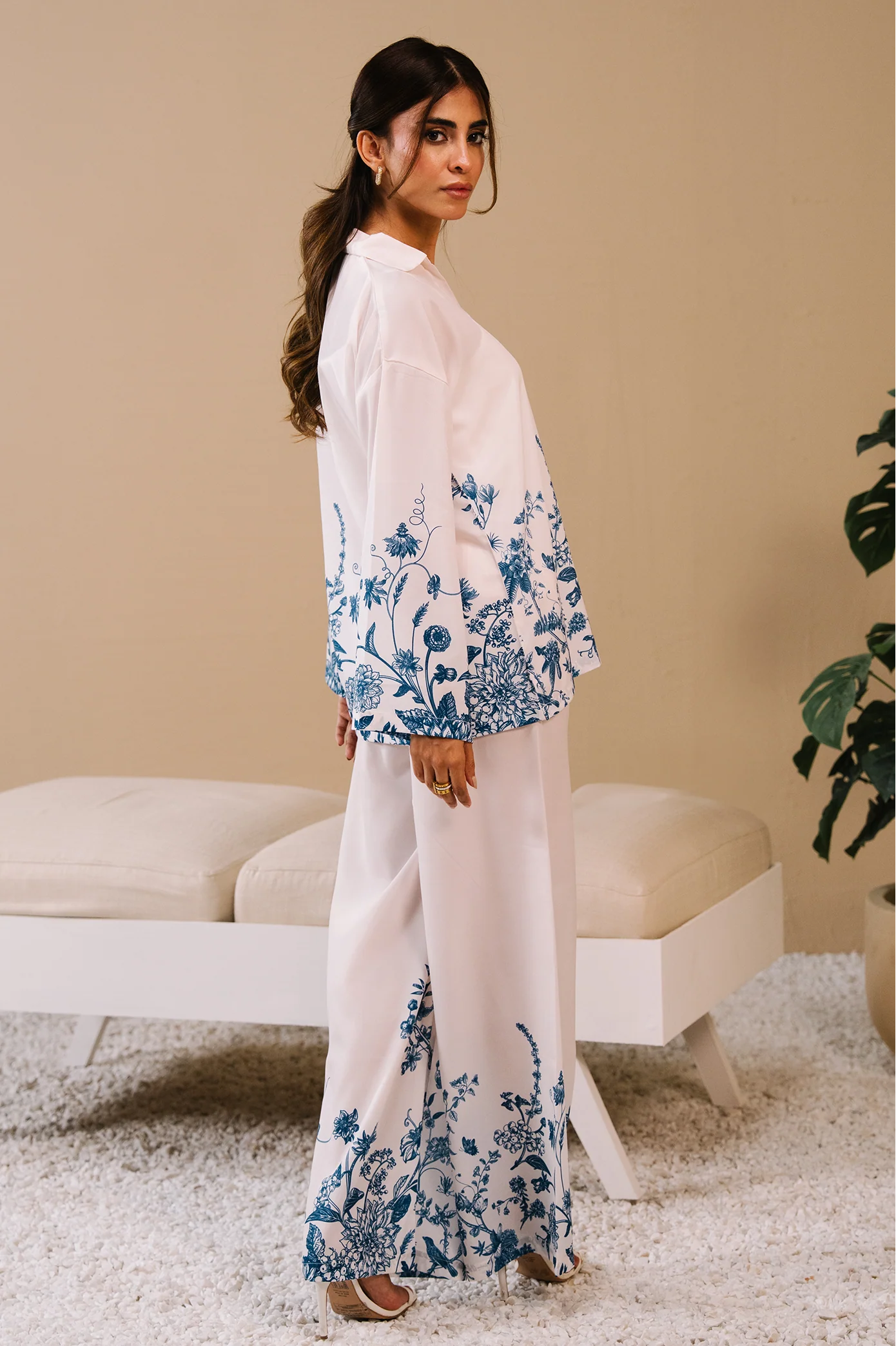 Collared Printed Co-ord Set - White - Image 2