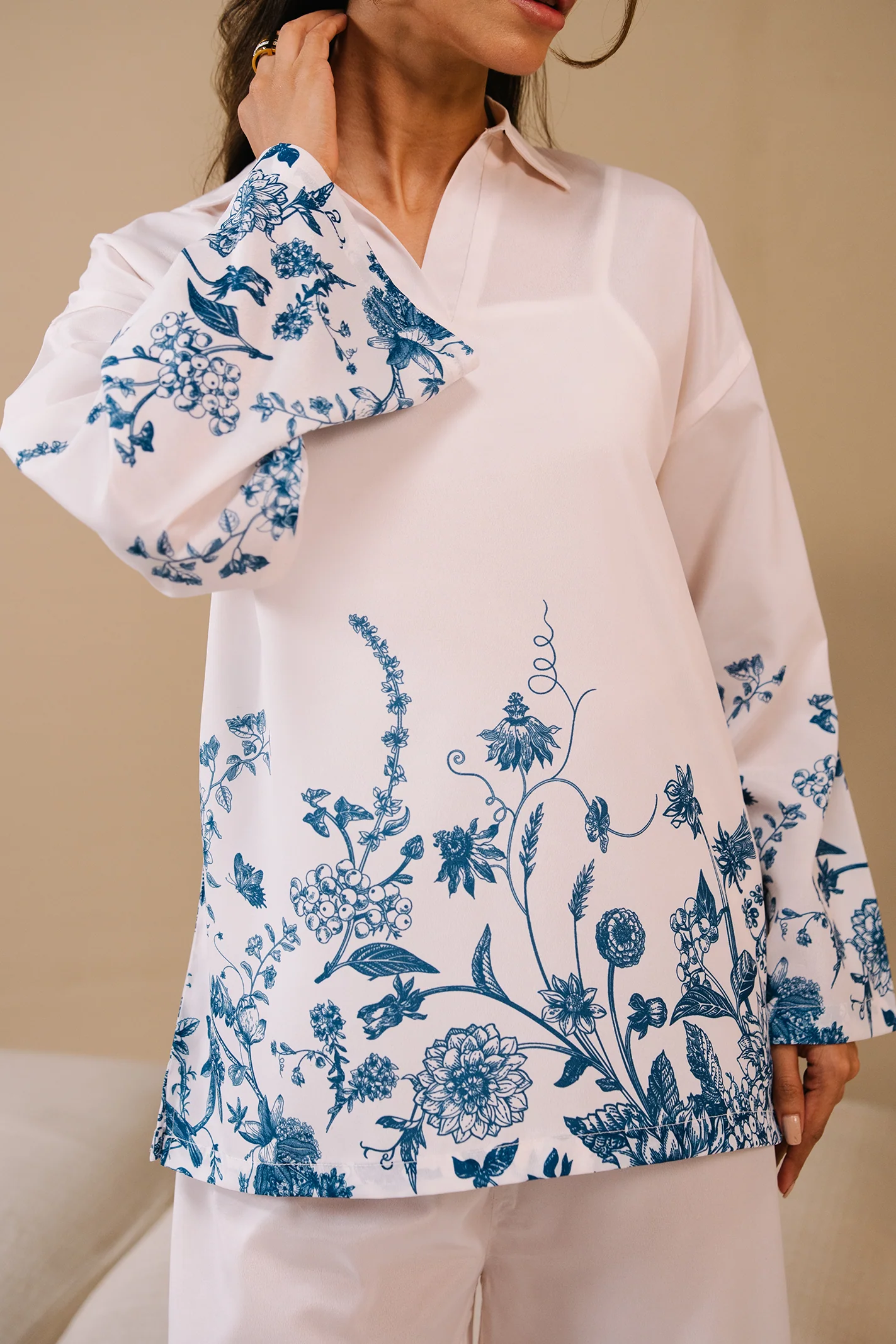 Collared Printed Co-ord Set - White - Image 3