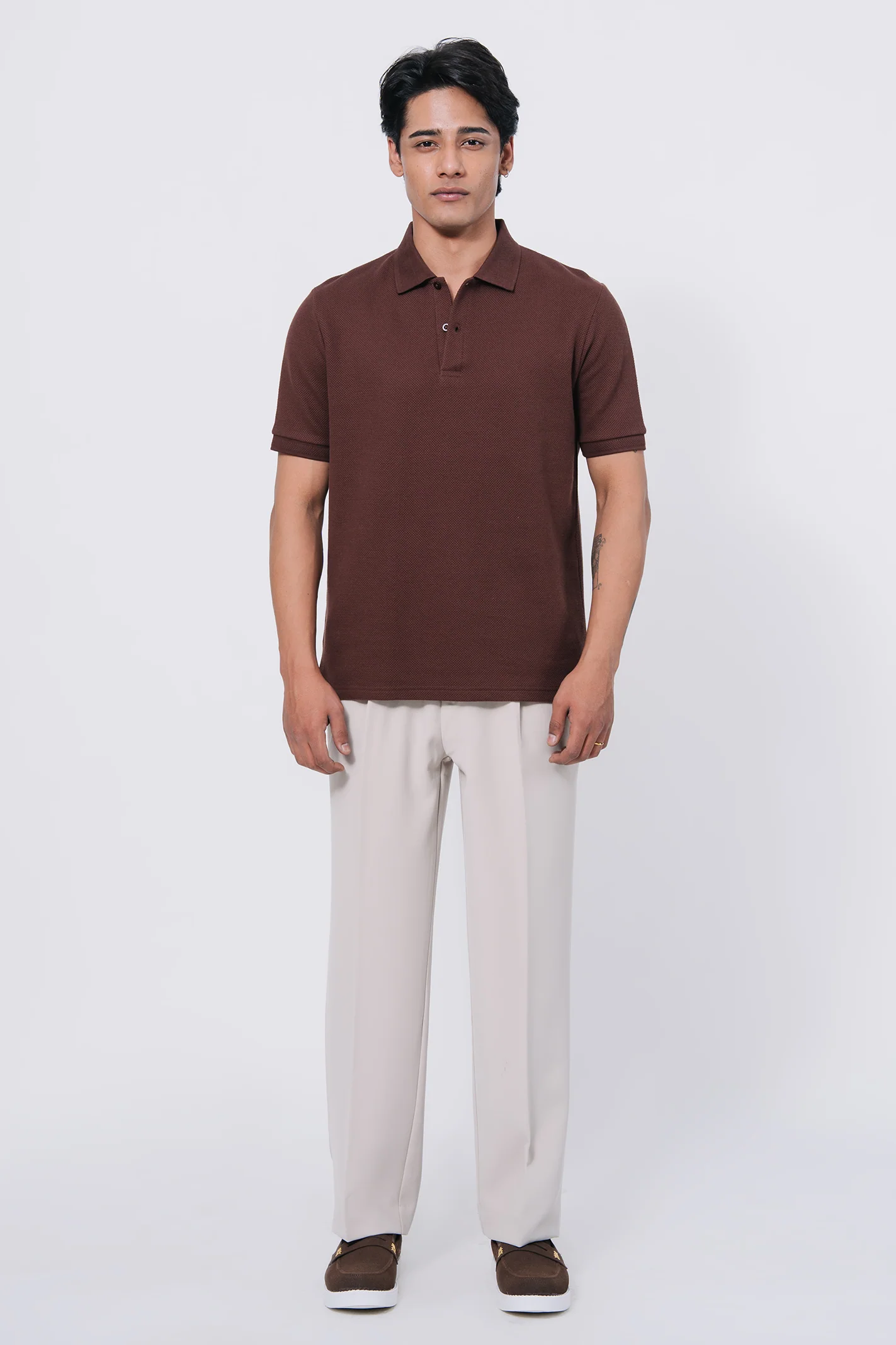 Diamond Texture Polo Shirt - Brown - Image 4