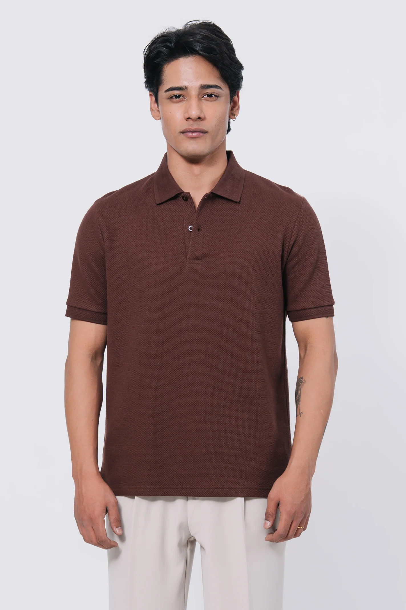 Diamond Texture Polo Shirt - Brown - Image 6