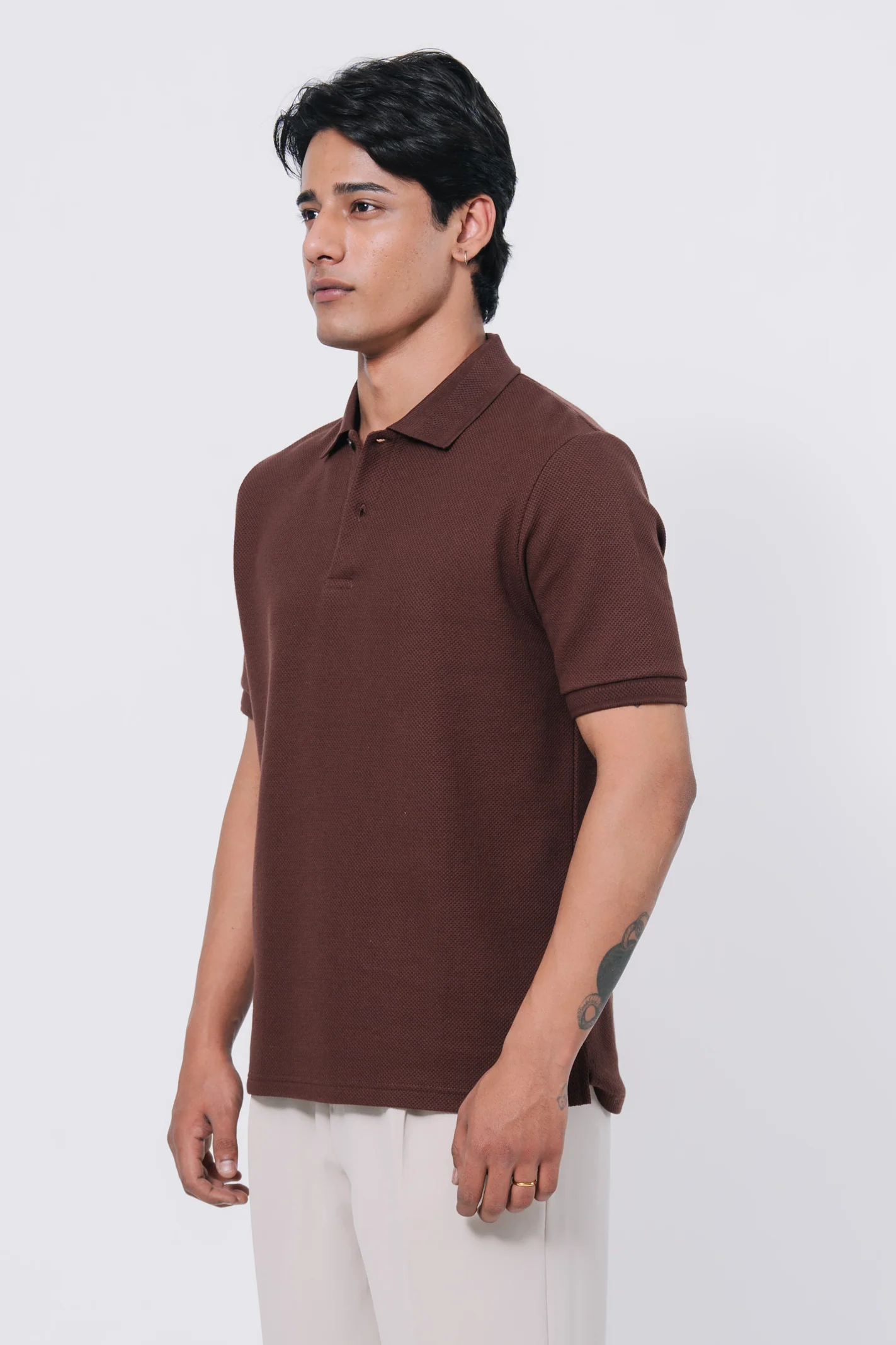 Diamond Texture Polo Shirt - Brown - Image 7