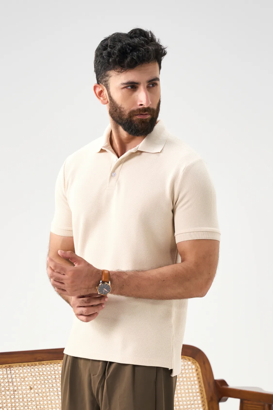 Diamond Texture Polo Shirt - Cream - Image 3