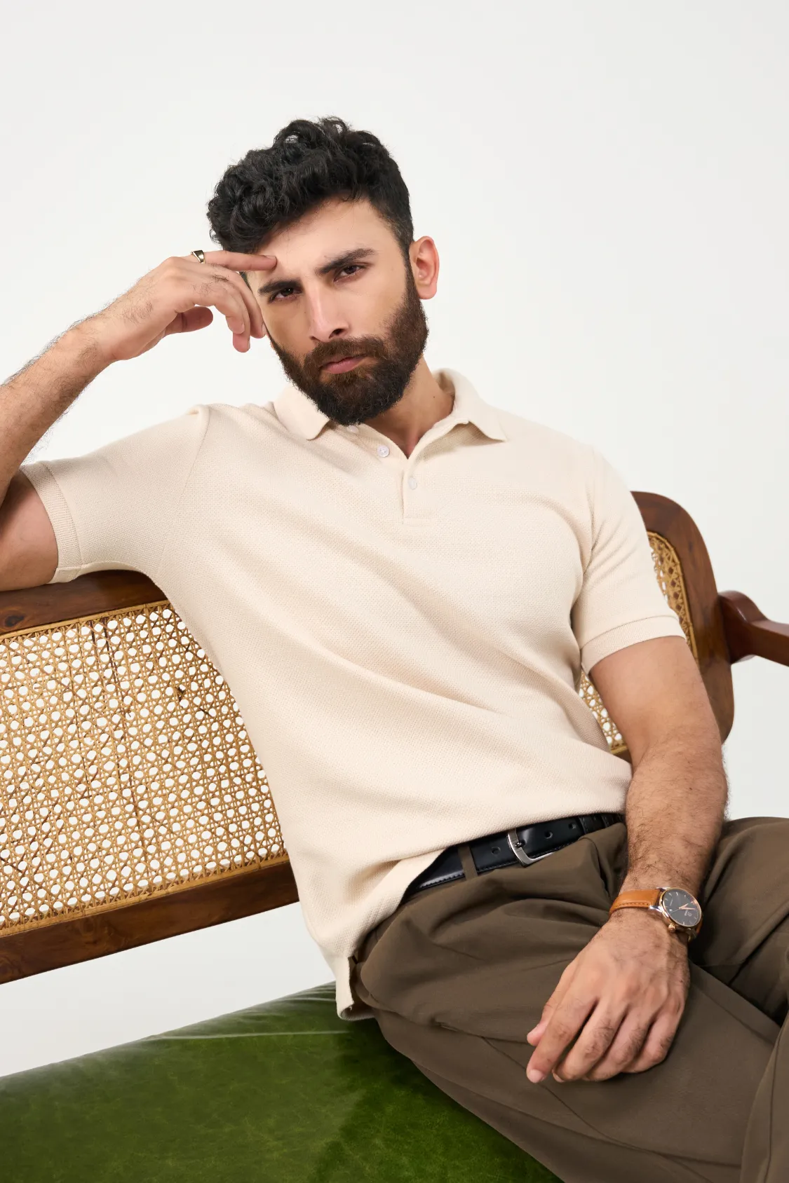 Diamond Texture Polo Shirt - Cream - Image 6