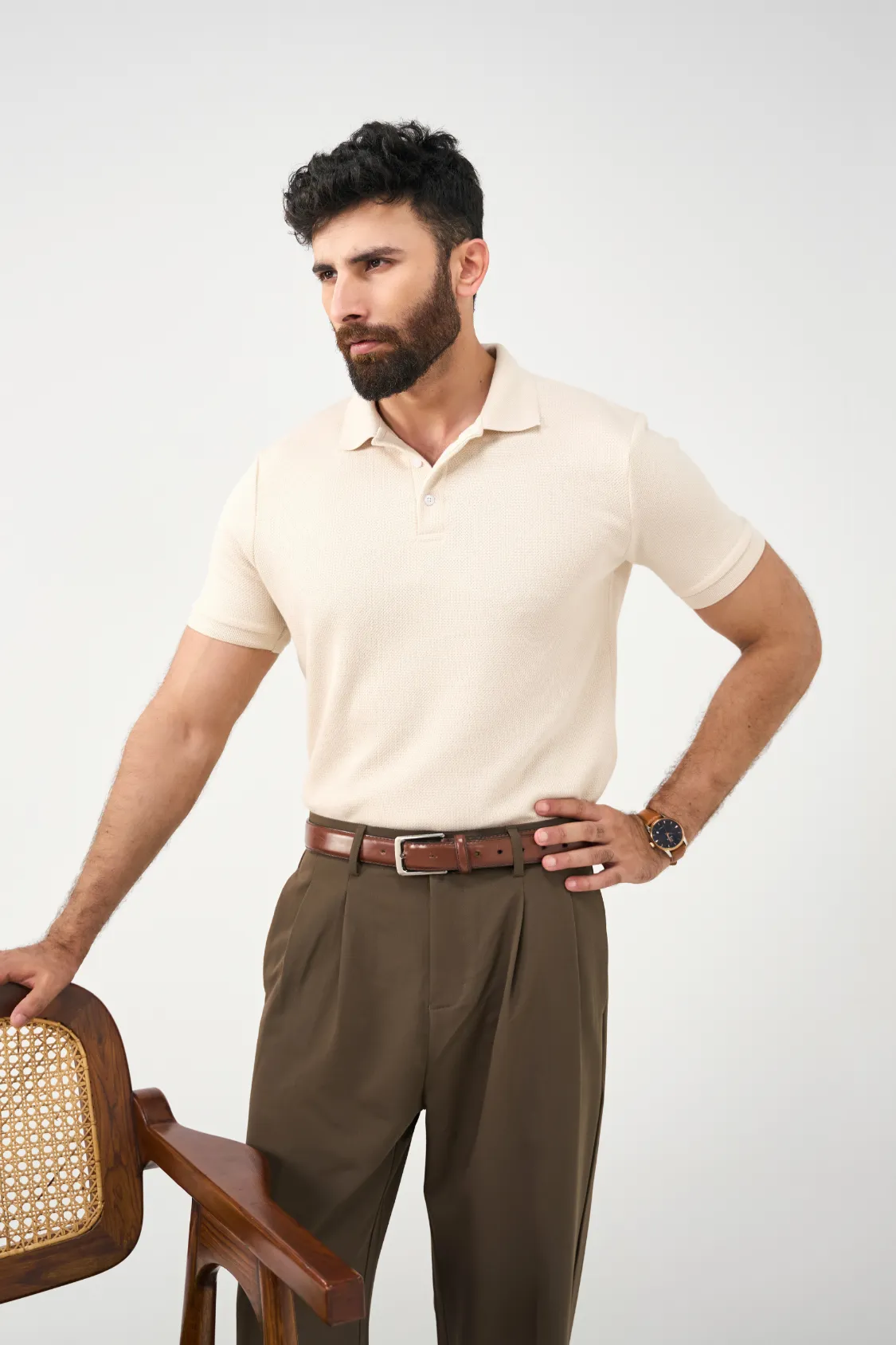 Diamond Texture Polo Shirt - Cream - Image 8