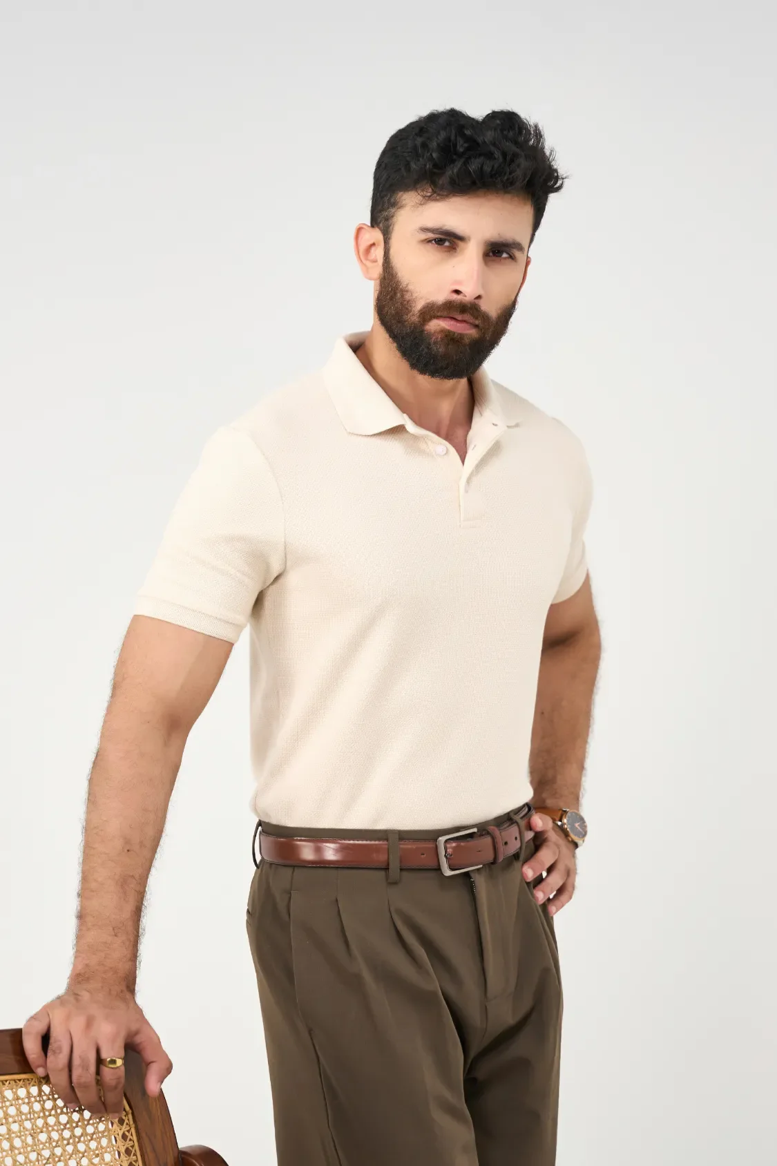 Diamond Texture Polo Shirt - Cream - Image 9