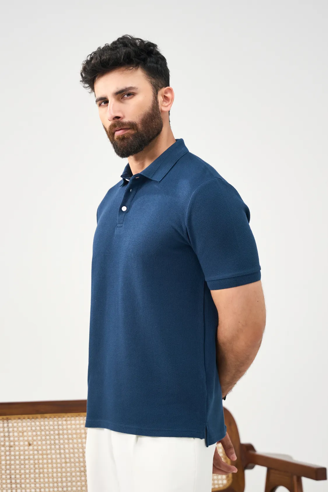 Diamond Texture Polo Shirt - Teal Blue - Image 3