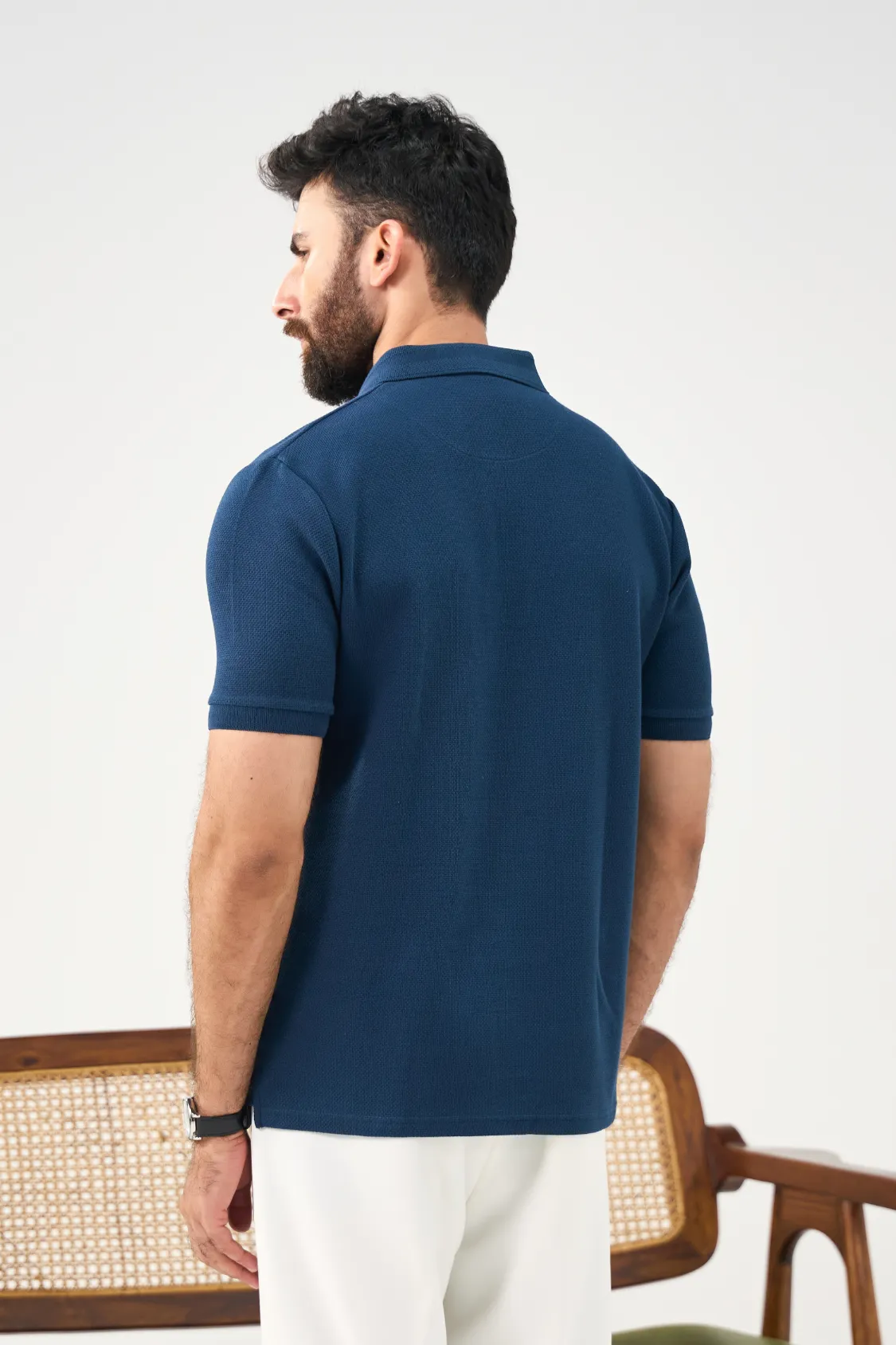 Diamond Texture Polo Shirt - Teal Blue - Image 4
