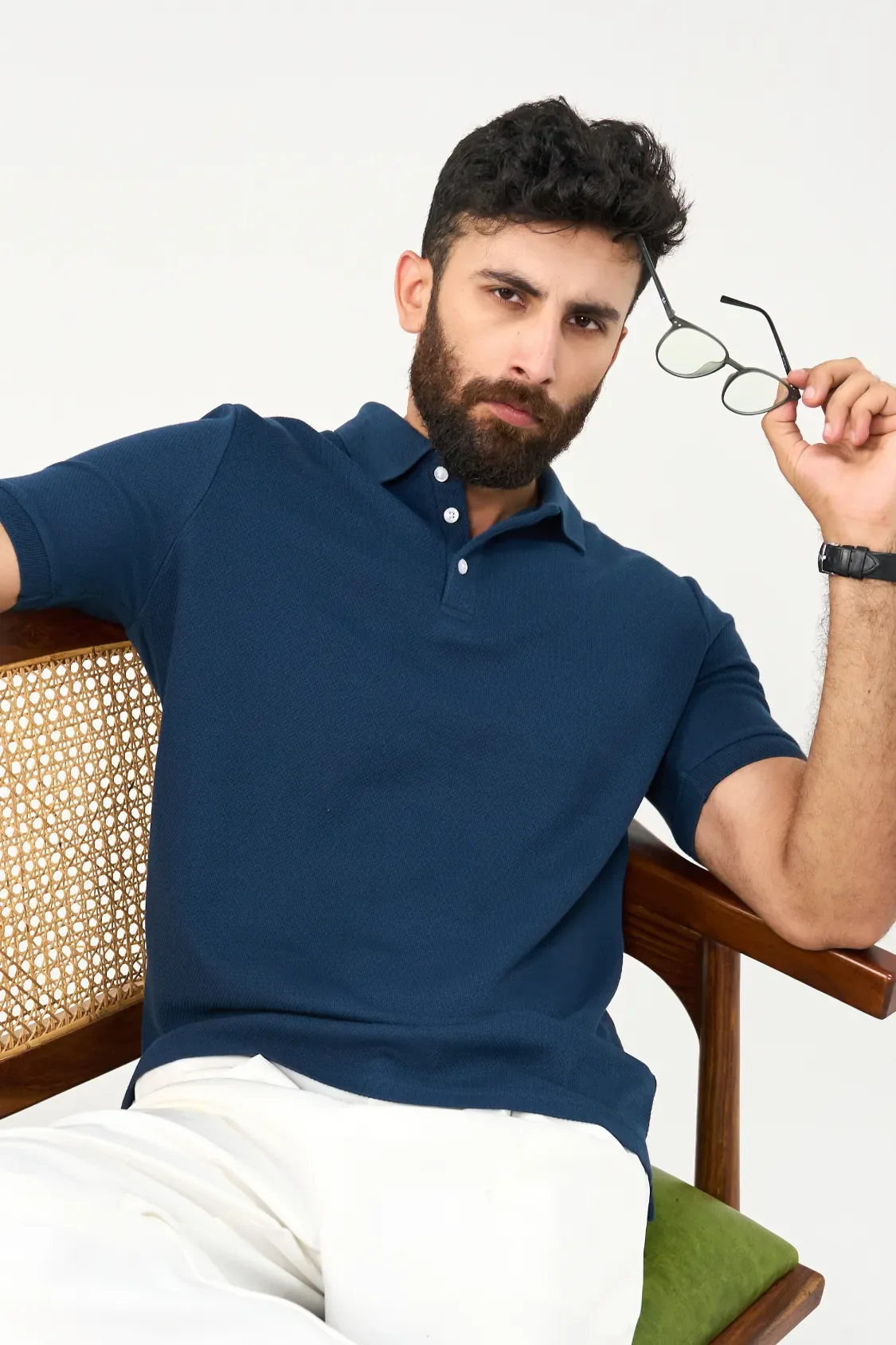 Diamond Texture Polo Shirt - Teal Blue - Image 6