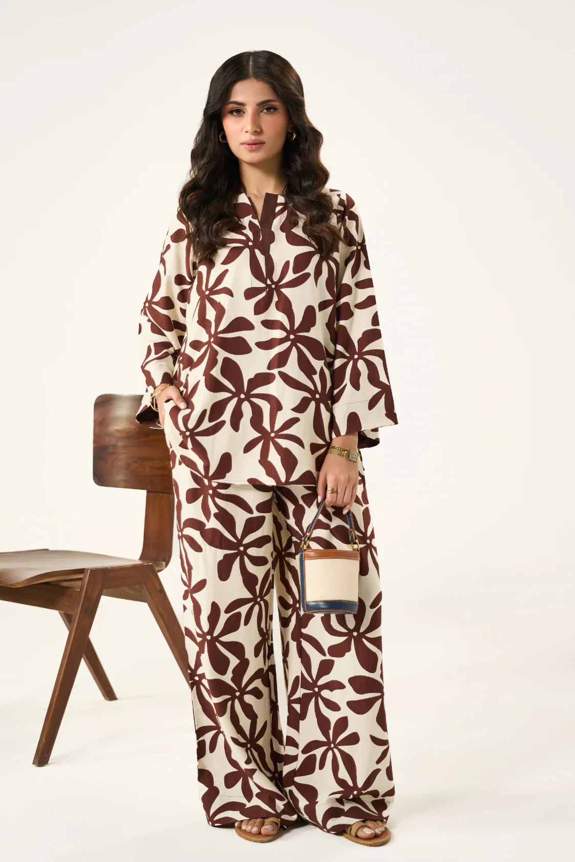Flora Linen Co-Ord Set - Brown & Cream