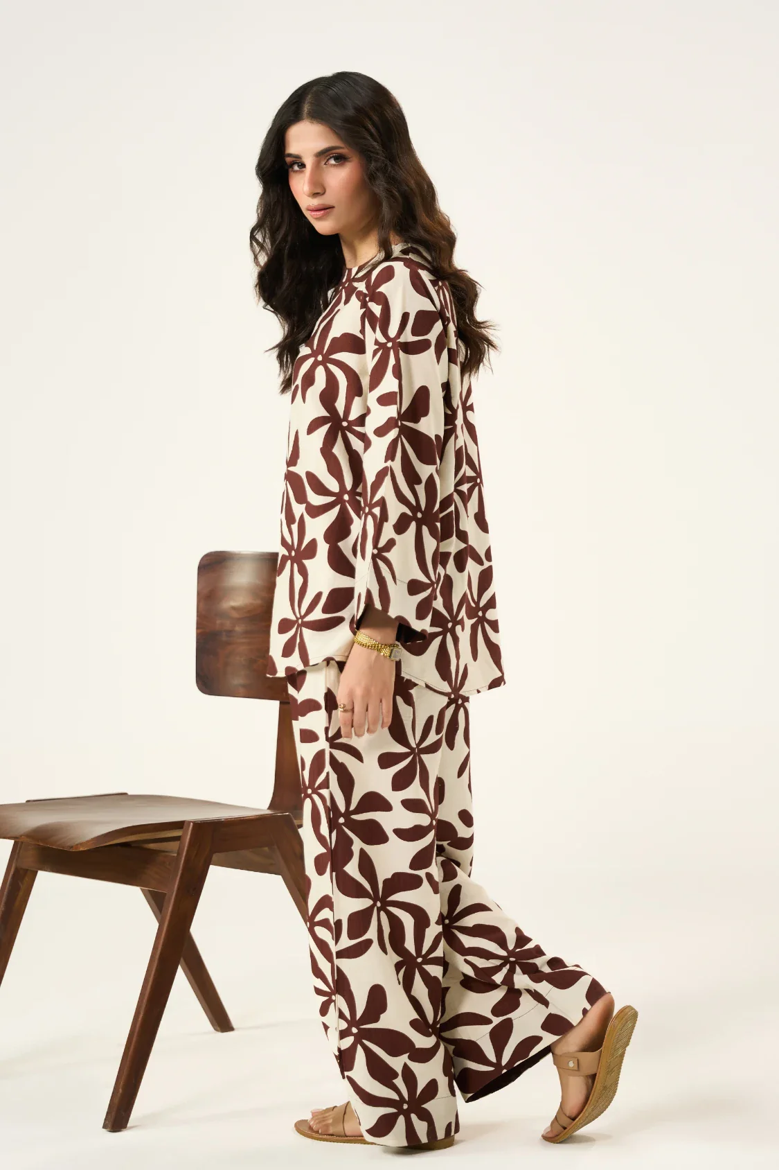 Flora Linen Co-Ord Set - Brown & Cream - Image 2