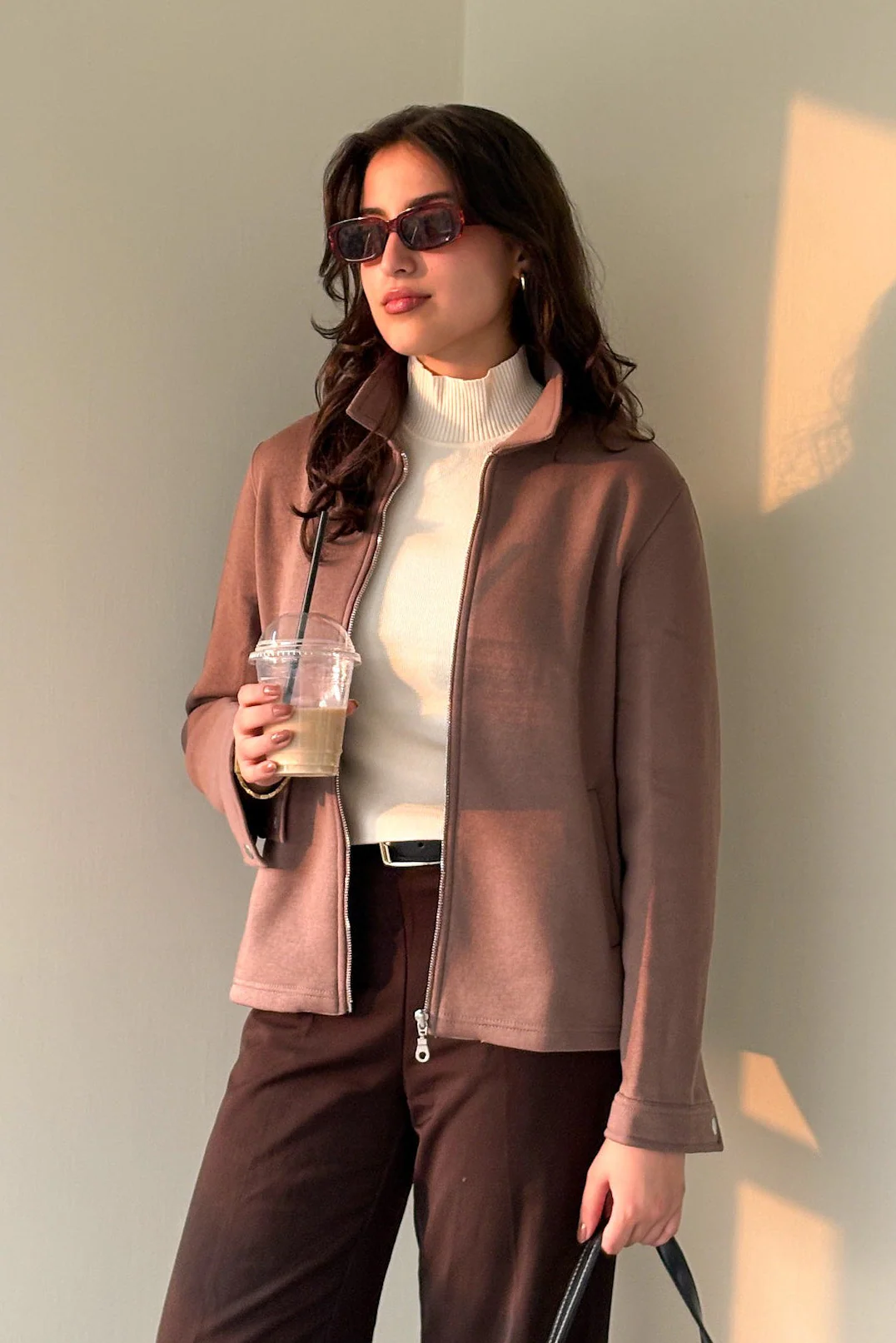 Women Full Zipper Jacket - Brown