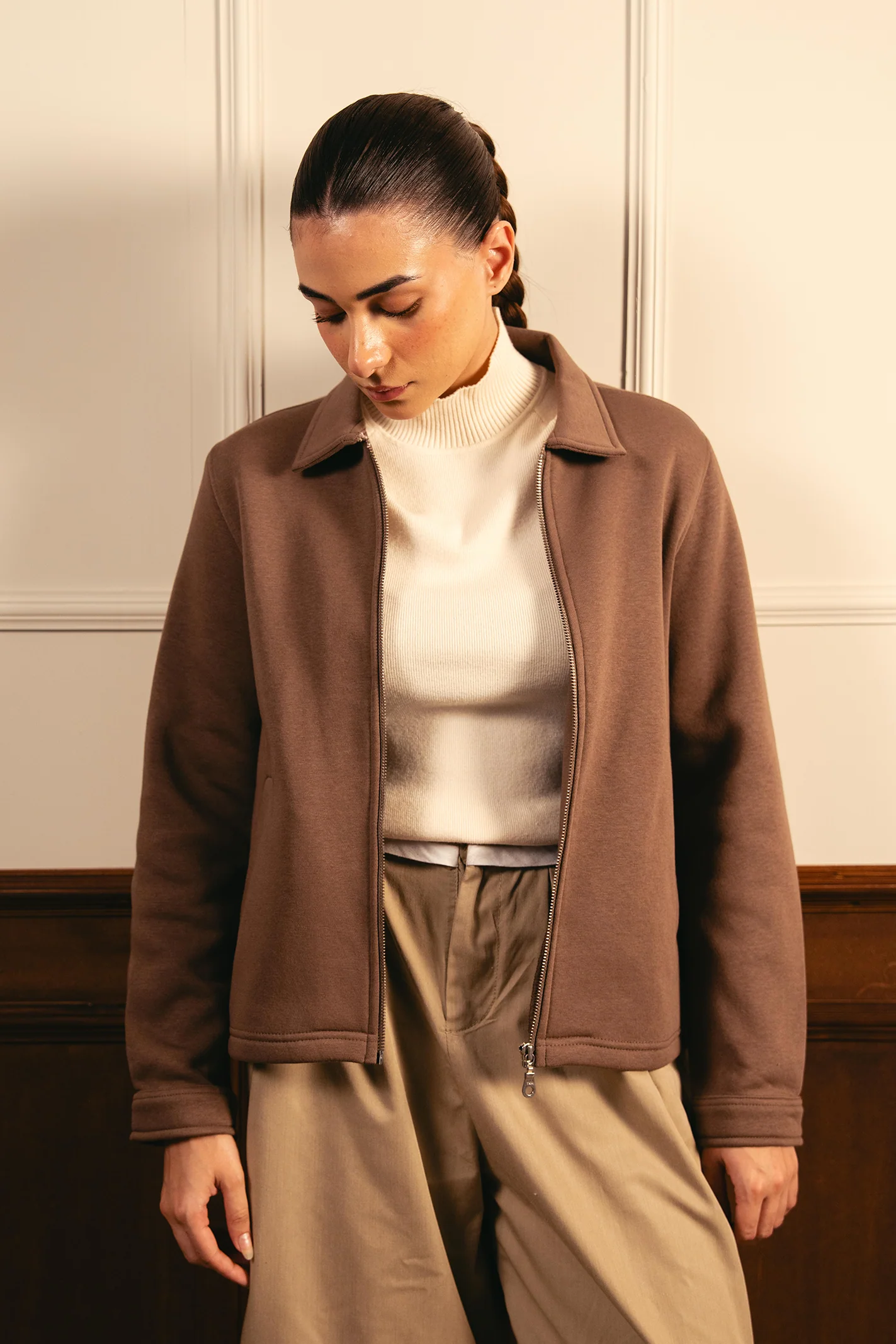 Women Full Zipper Jacket - Brown - Image 4