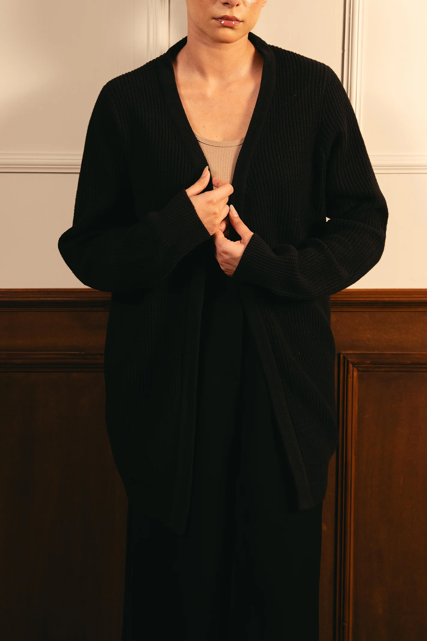 Front-Open Knit Cardigan - Black - Image 3
