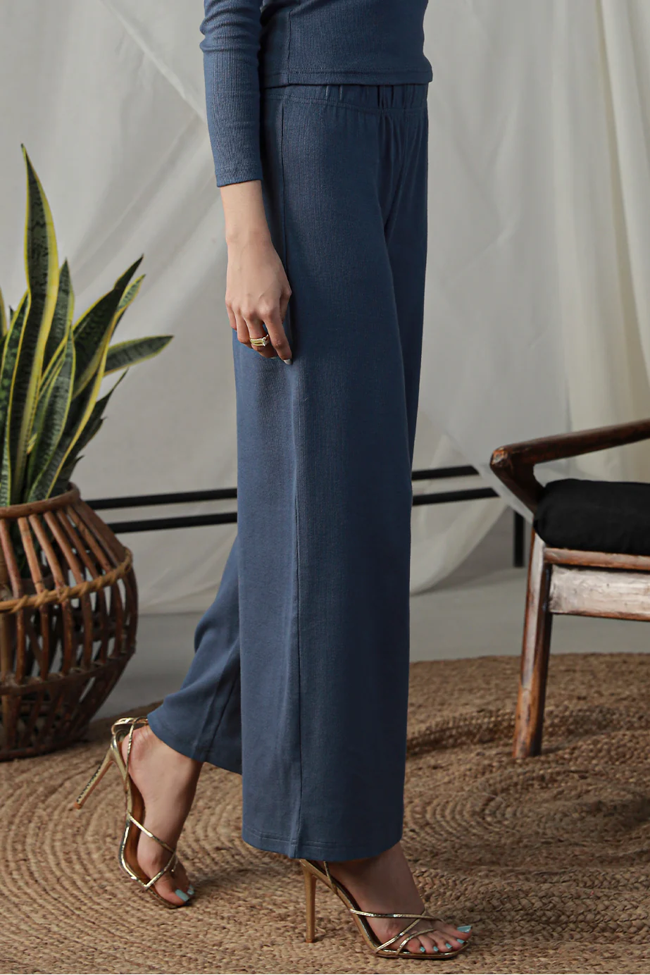 Rib Wide Leg Pants - Indigo