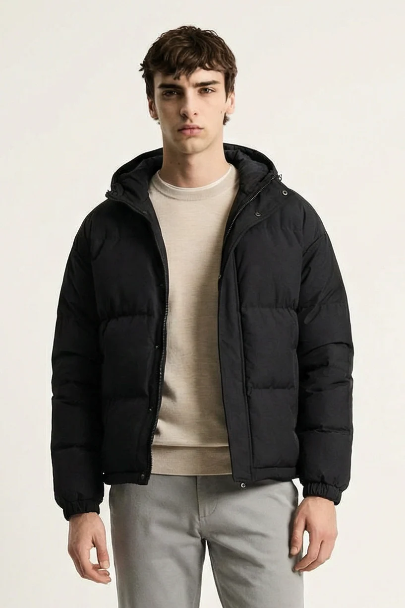Insulated Hooded Puffer Jacket - Black - Image 4