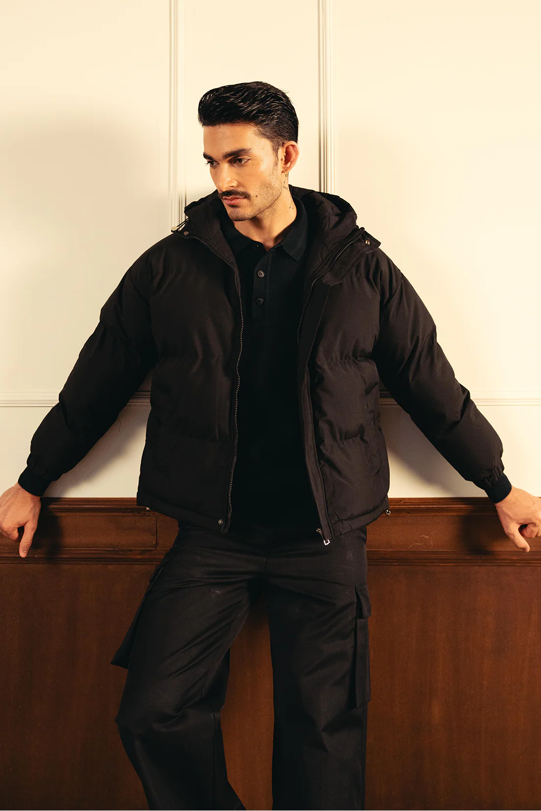 Insulated Hooded Puffer Jacket - Black - Image 7