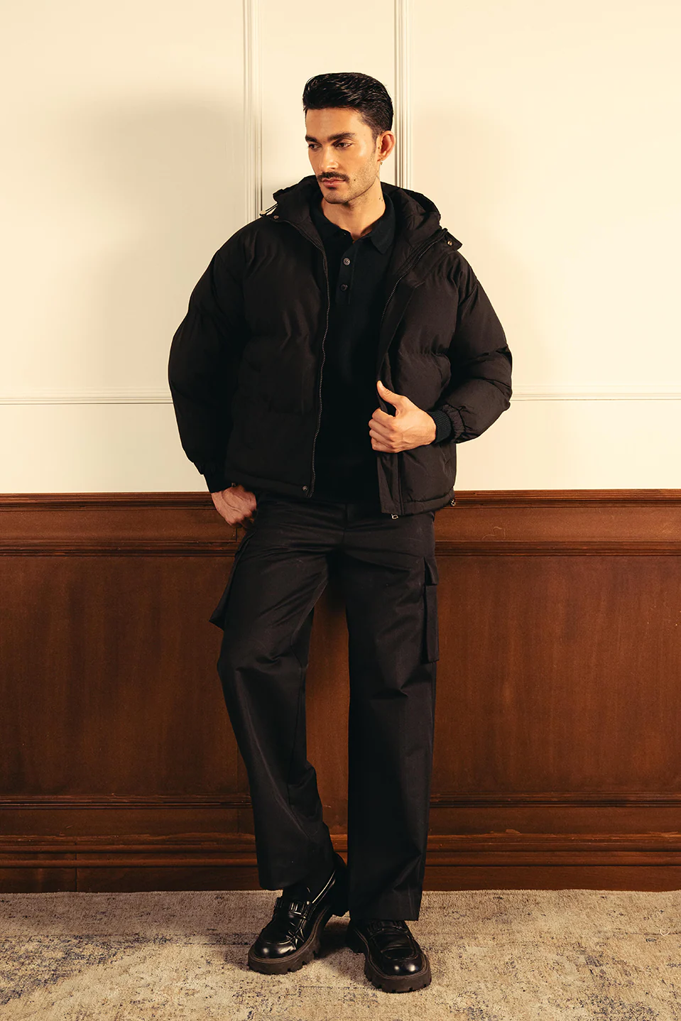 Insulated Hooded Puffer Jacket - Black - Image 9