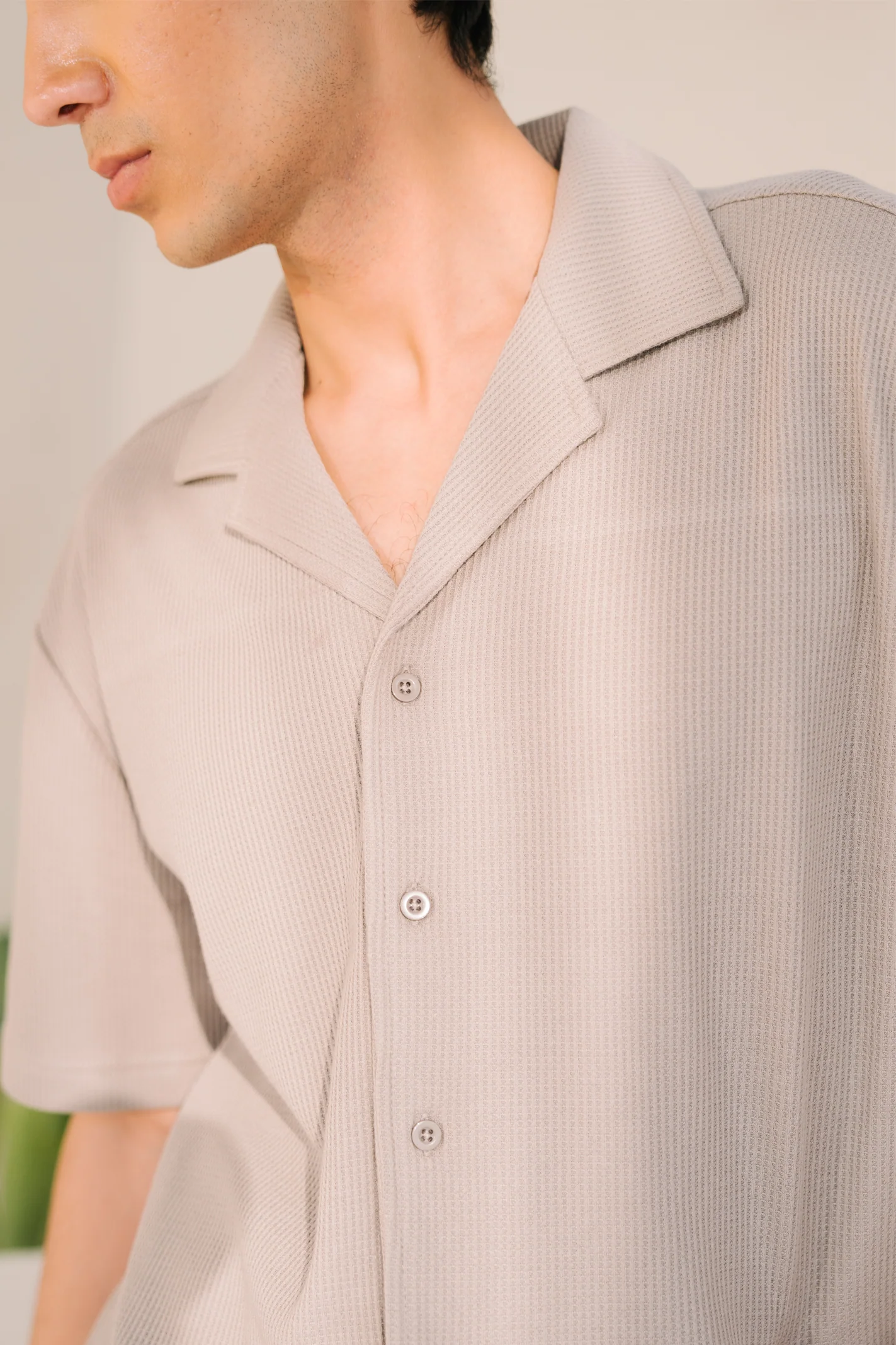 Boxy Fit Waffle Shirt – Greyish Beige - Image 2