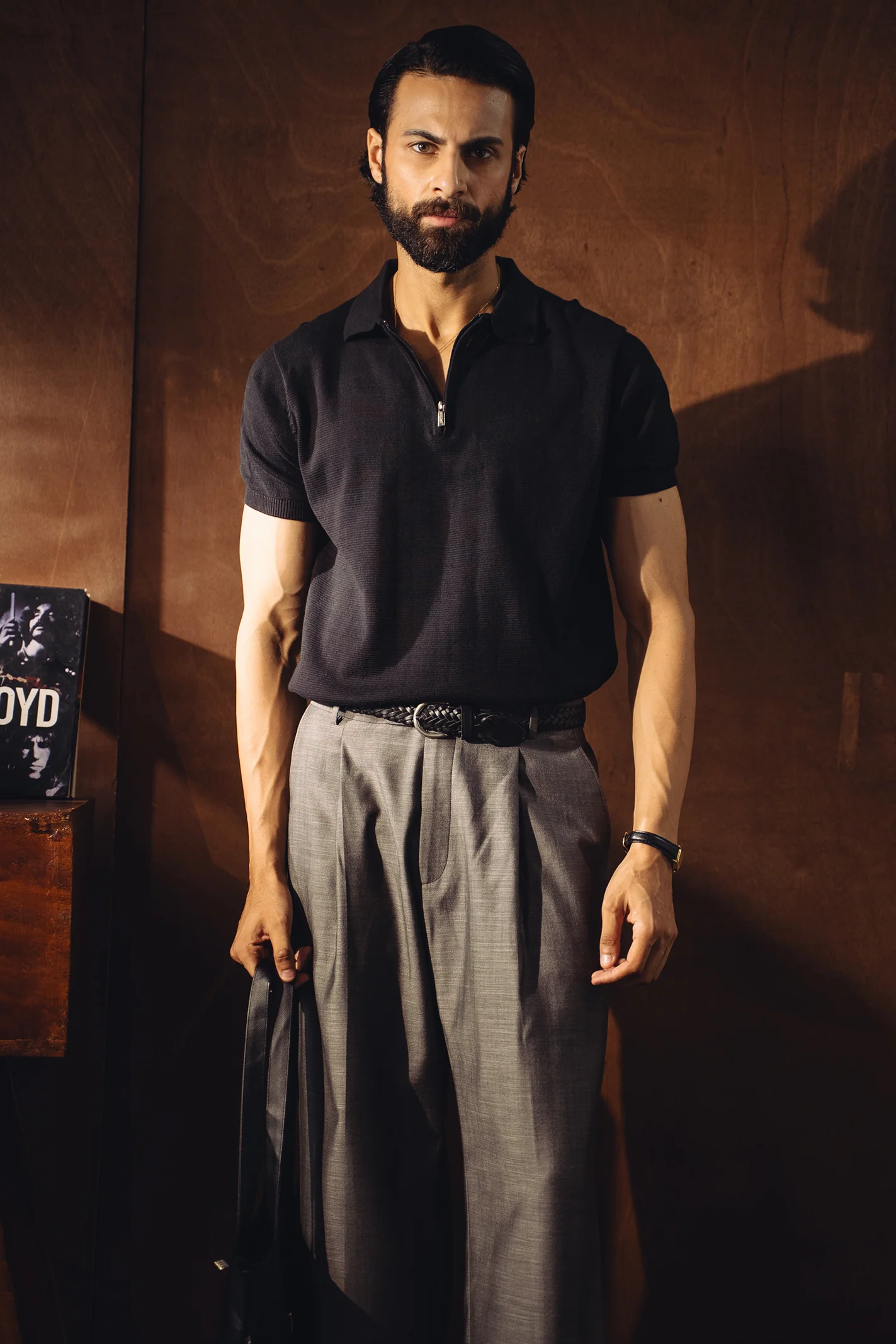 Fine Knit Zipper Polo Shirt – Black - Image 4