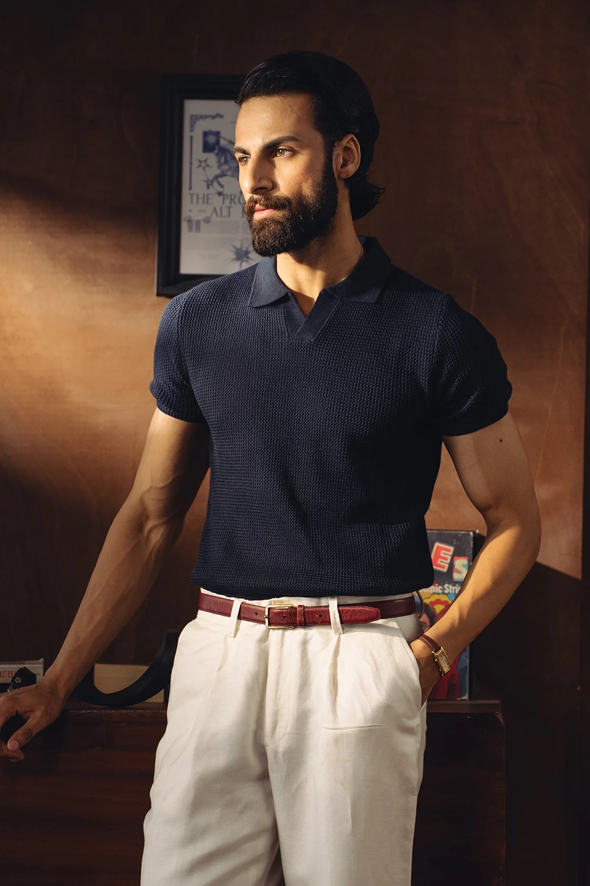 Johnny Collar Textured Knitted Polo Shirt – Navy - Image 2