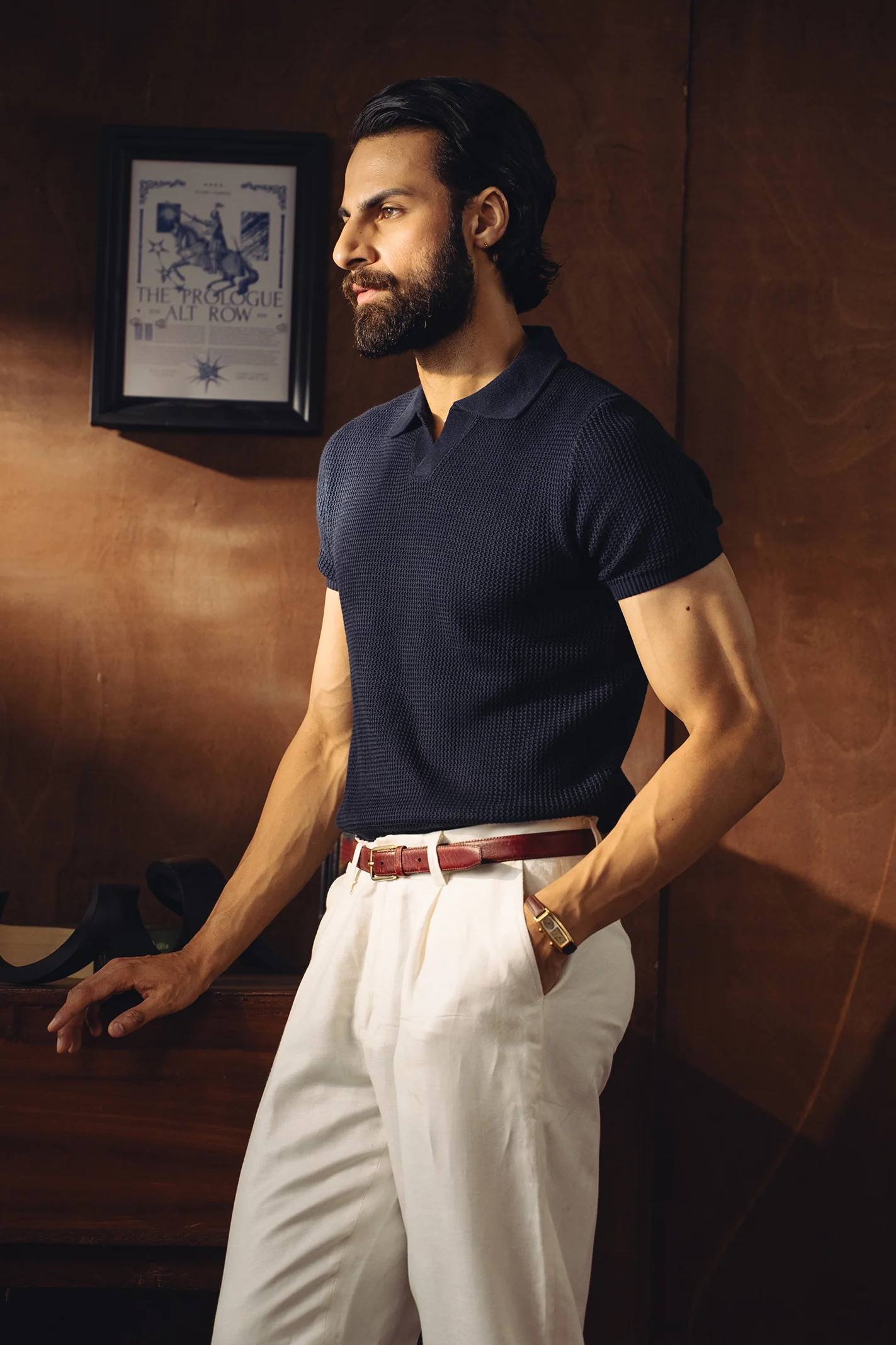 Johnny Collar Textured Knitted Polo Shirt – Navy - Image 4