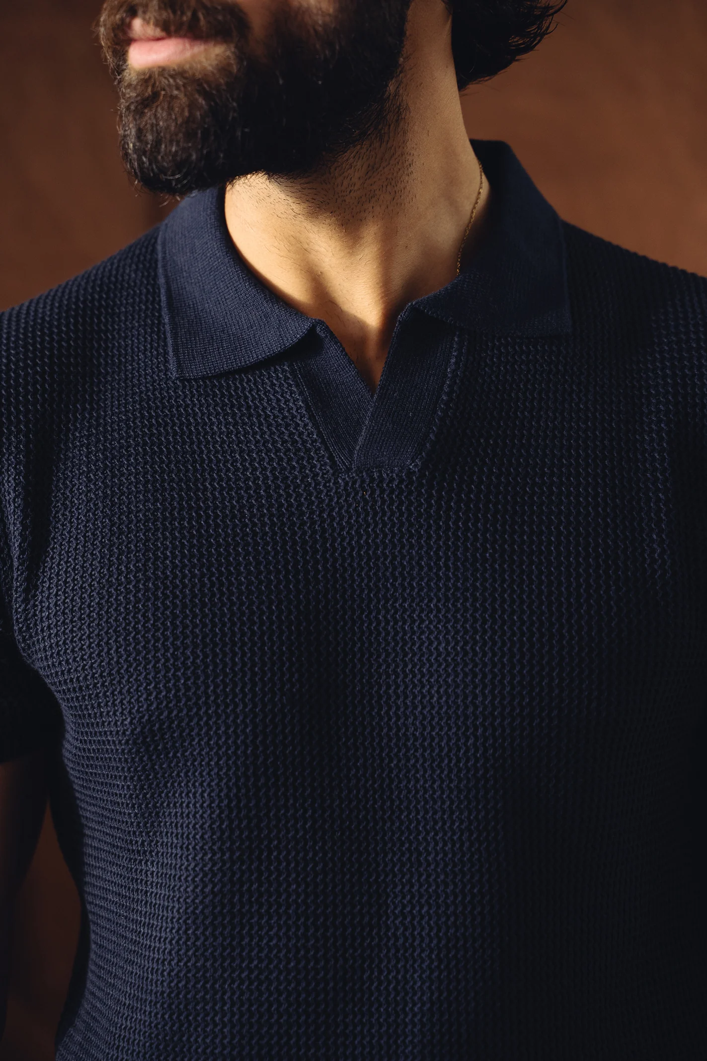Johnny Collar Textured Knitted Polo Shirt – Navy - Image 5