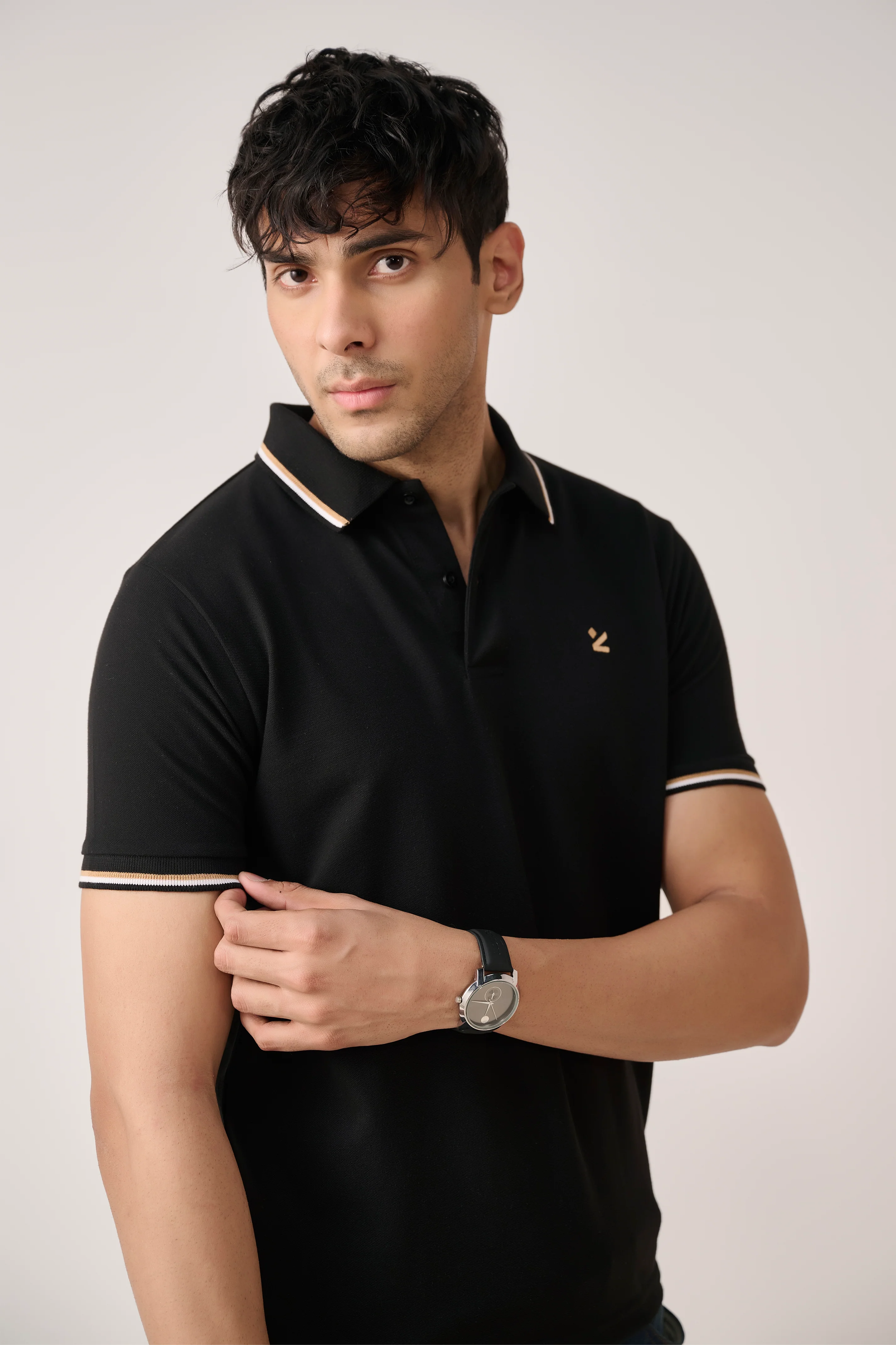 Pique Polo Shirt with Stripe Collar – Black - Image 3
