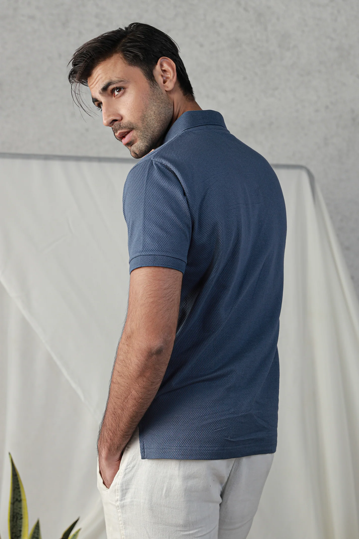 Textured Popcorn Polo Shirt – Indigo - Image 4