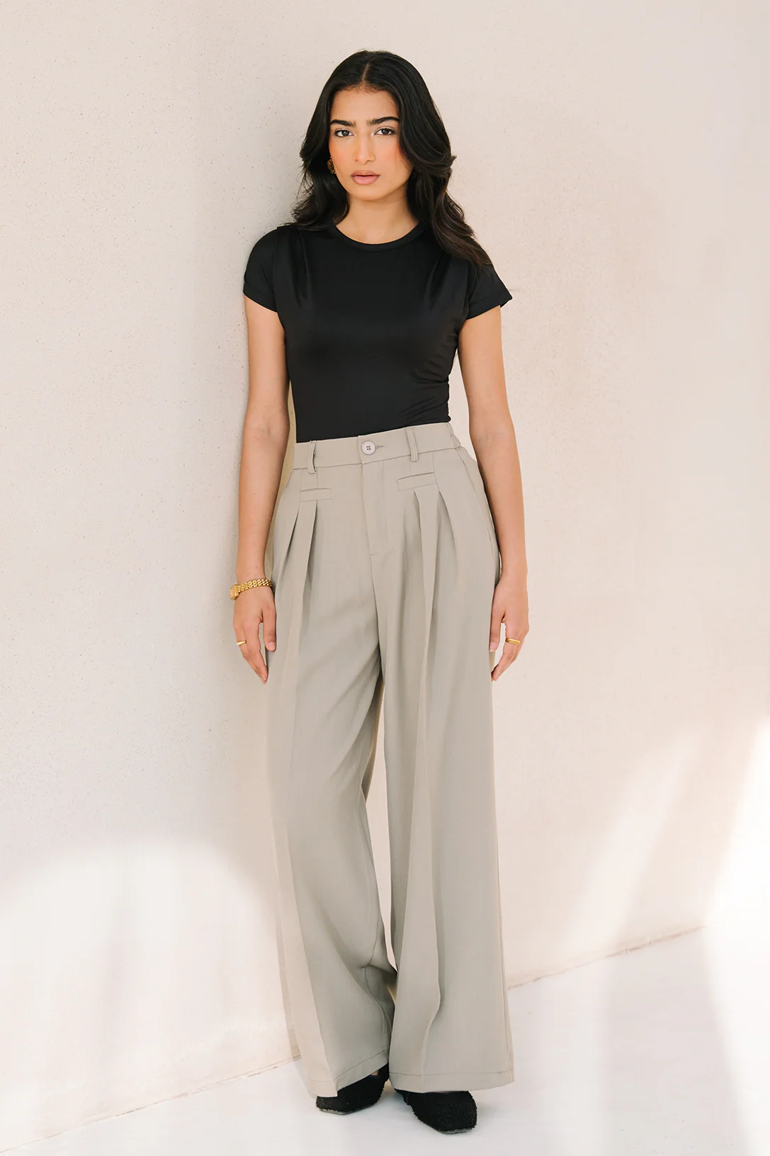 Pleated wide leg pants -Fawn - Image 3