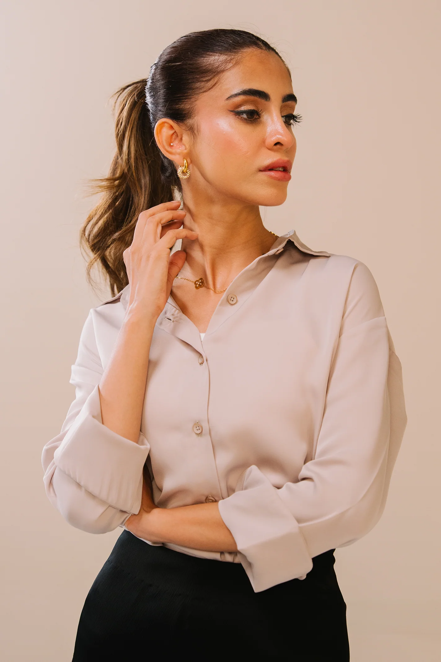 Satin button-down Shirt - Cream - Image 2