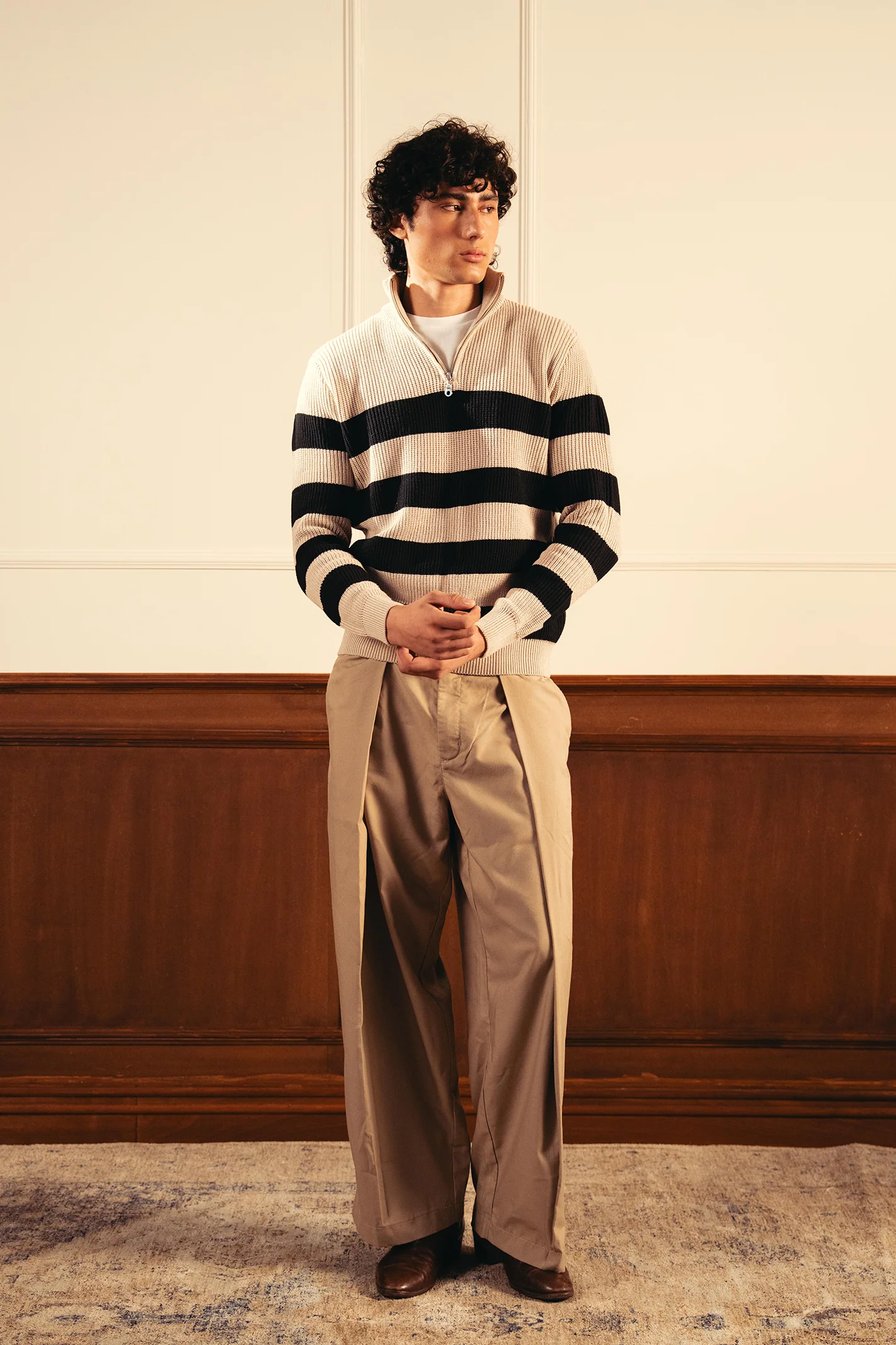 Quarter Zip Stripped Sweater – Cream and Black - Image 3