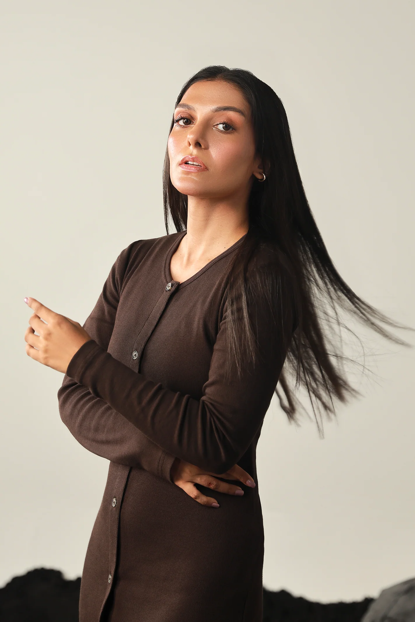 Rib Button Down Dress - Dark Chocolate - Image 5