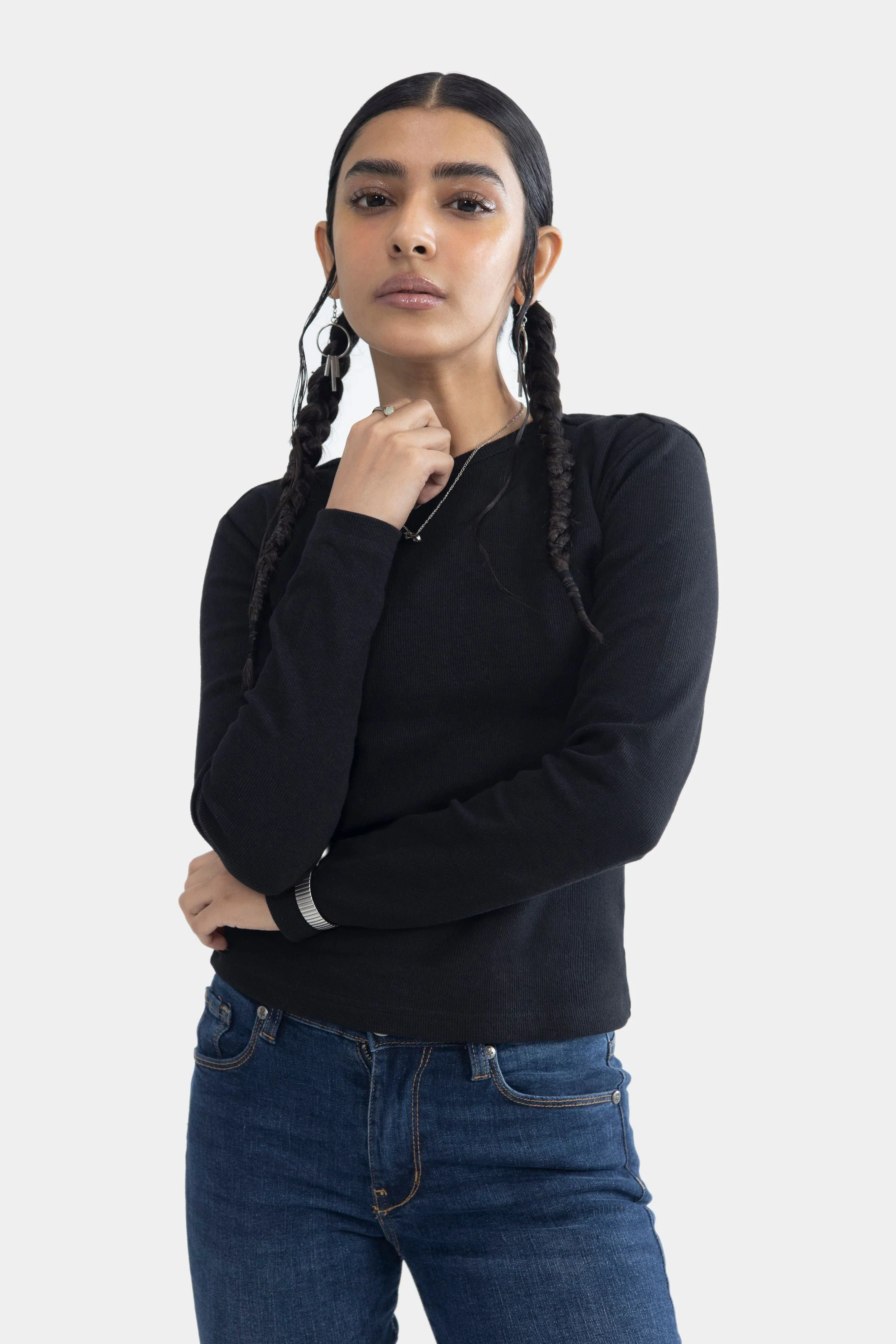 Round Neck Ribbed Top - Black