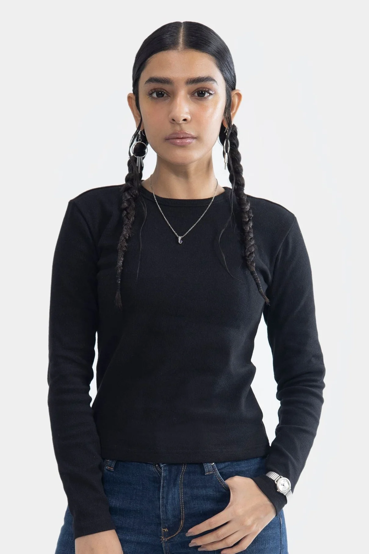 Round Neck Ribbed Top - Black - Image 2