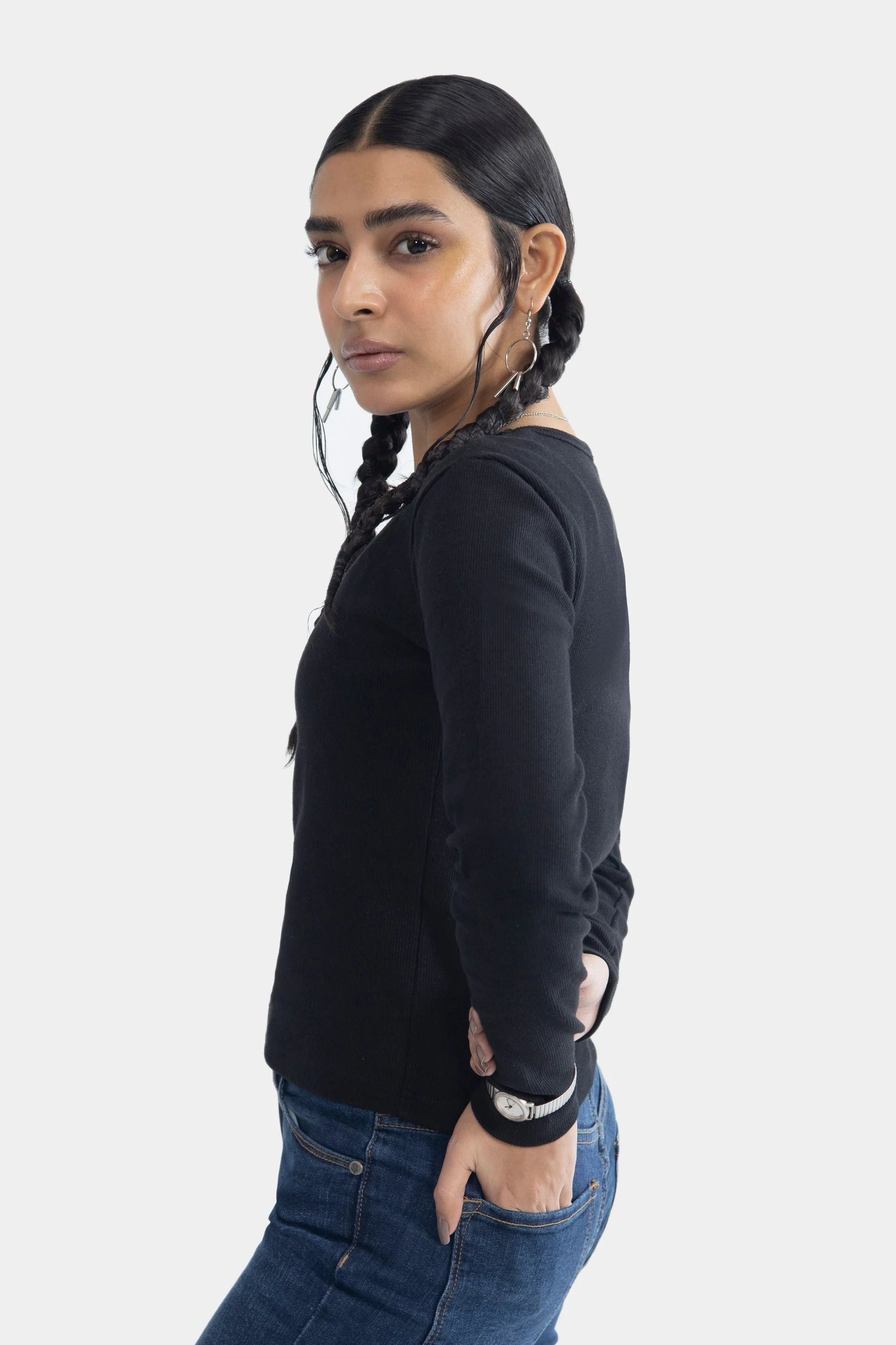 Round Neck Ribbed Top - Black - Image 4