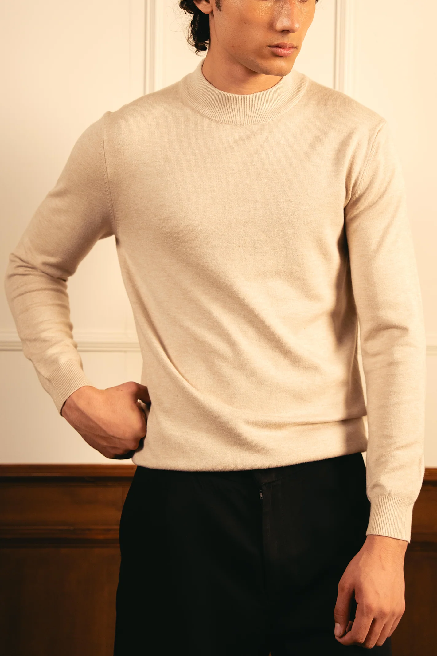 Soft Knit Mock Neck Sweater – Sand - Image 5