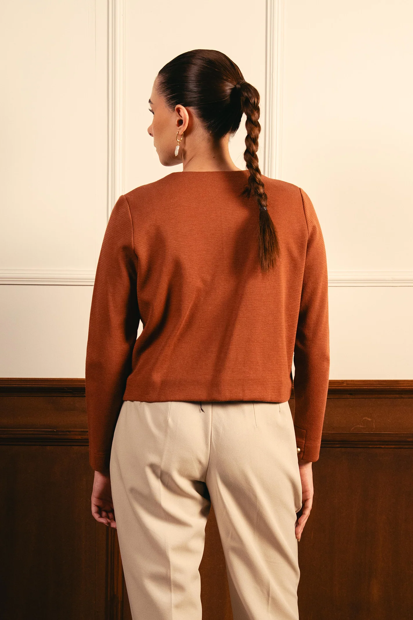 Tailored Round Neck Cardigan - Rust - Image 4