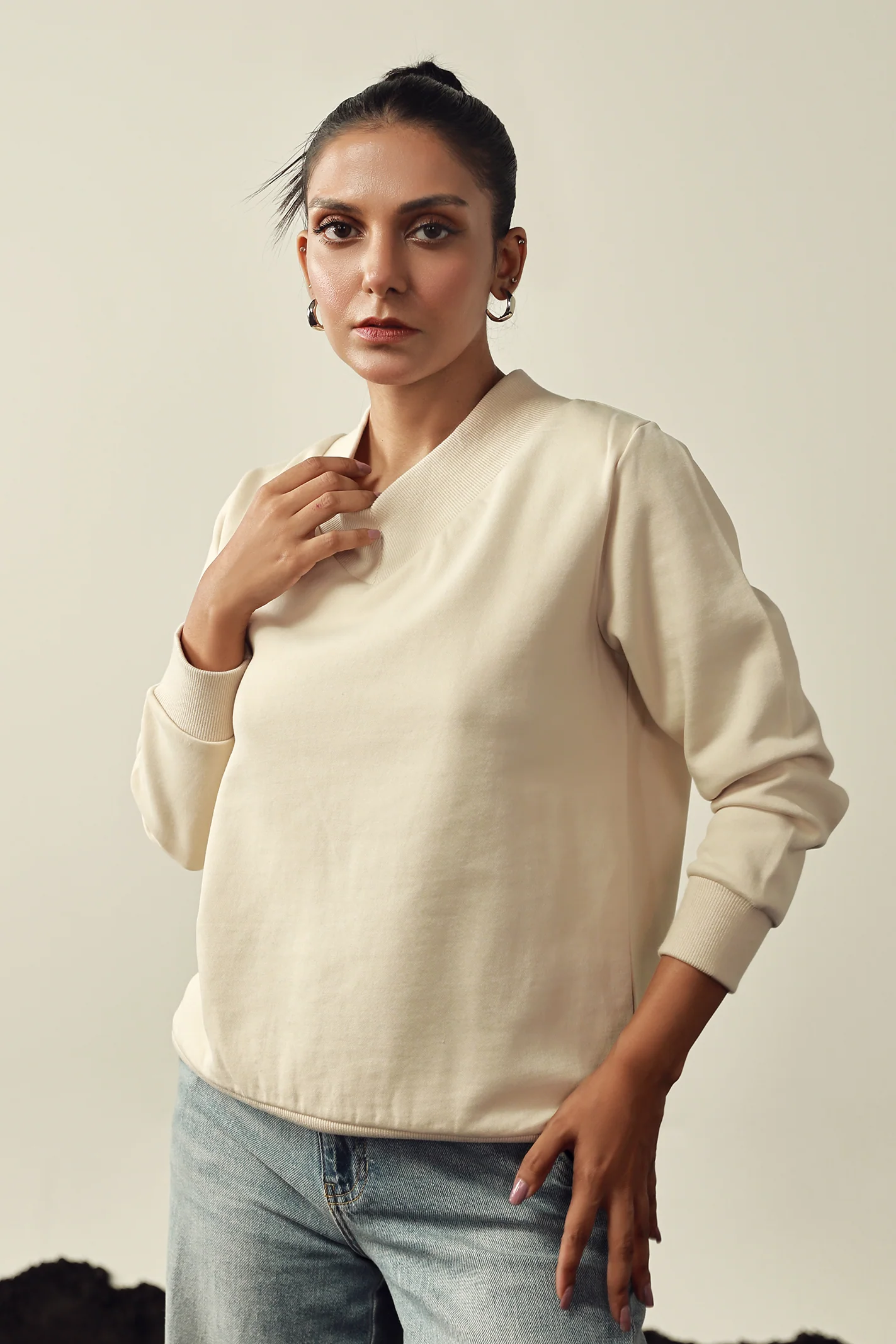 V Neck Sweat Shirt - Beige - Image 2