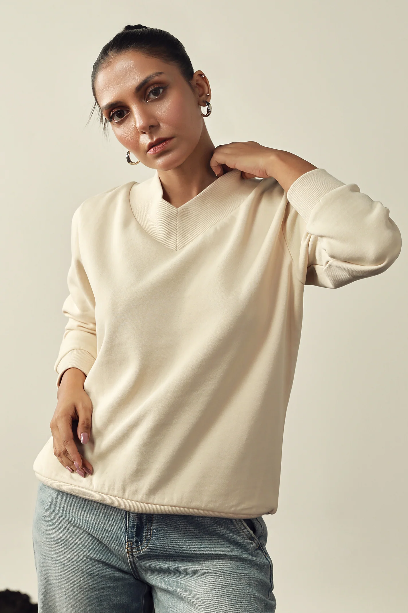 V Neck Sweat Shirt - Beige - Image 3