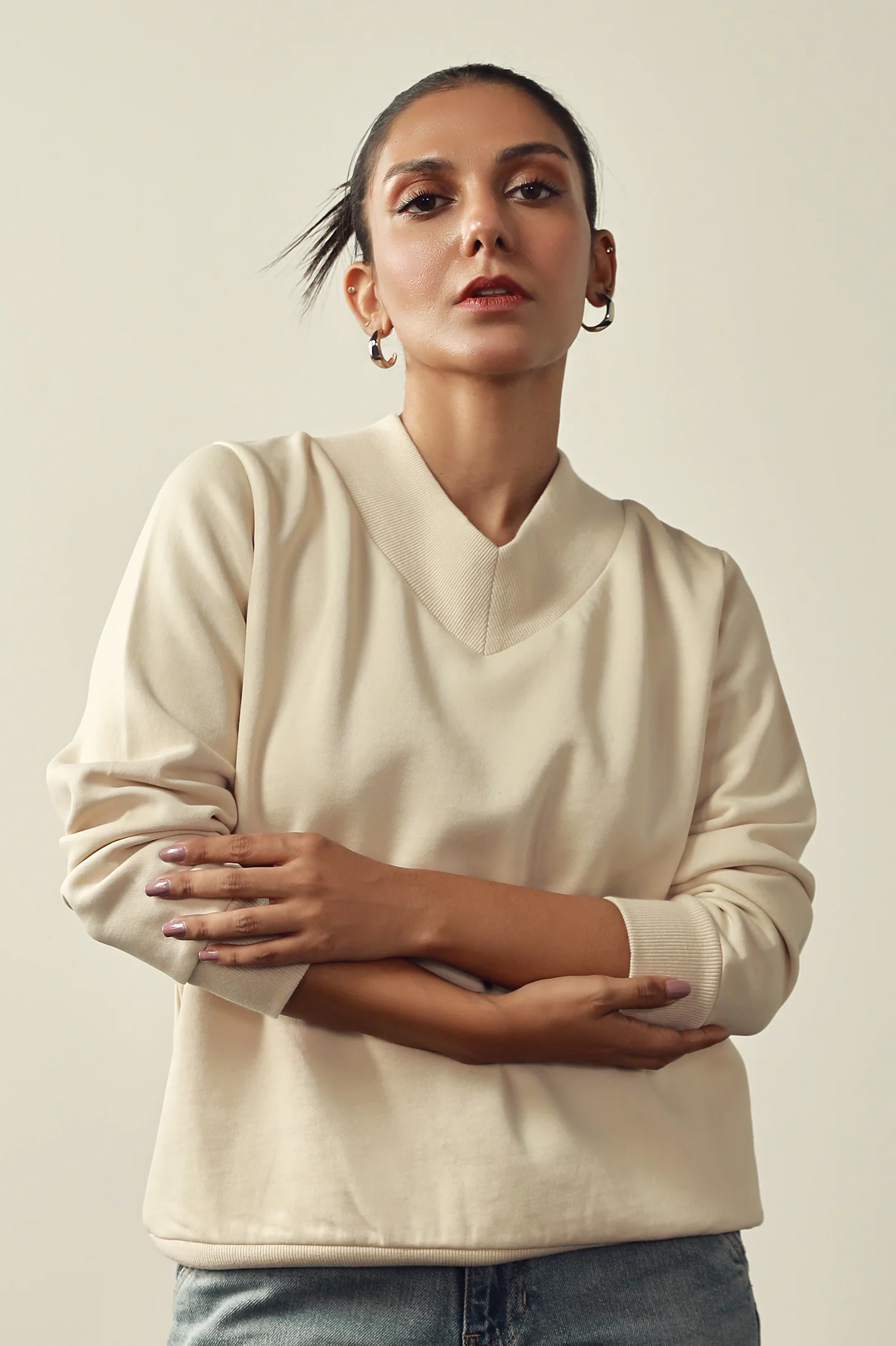 V Neck Sweat Shirt - Beige - Image 4