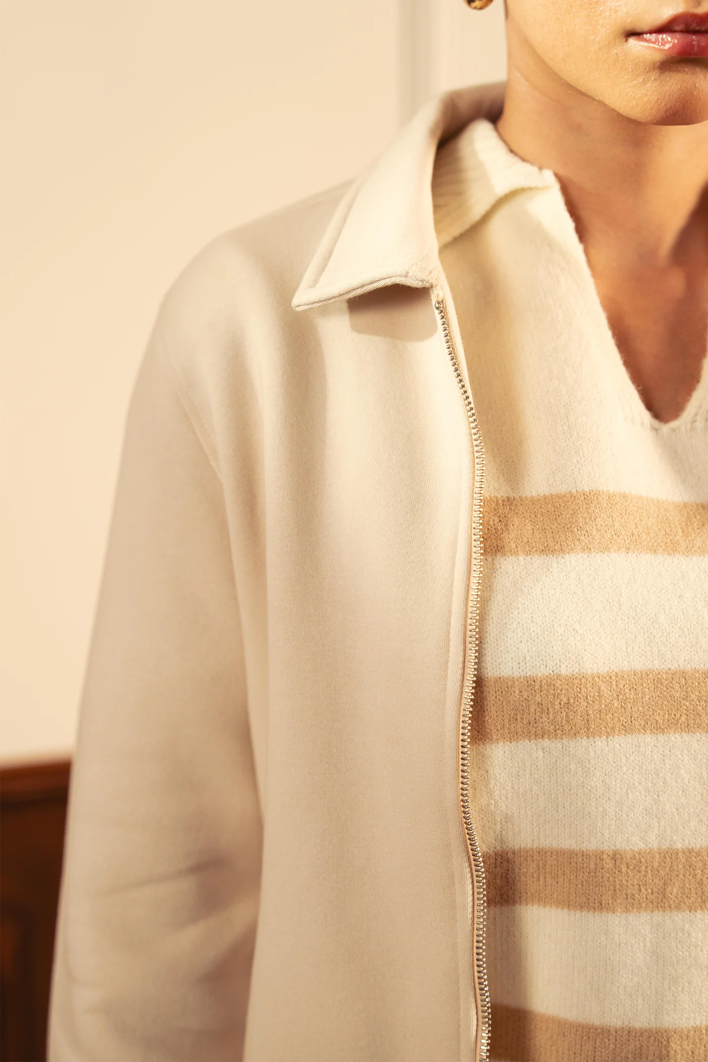 Women Full Zipper Jacket - Ivory - Image 4