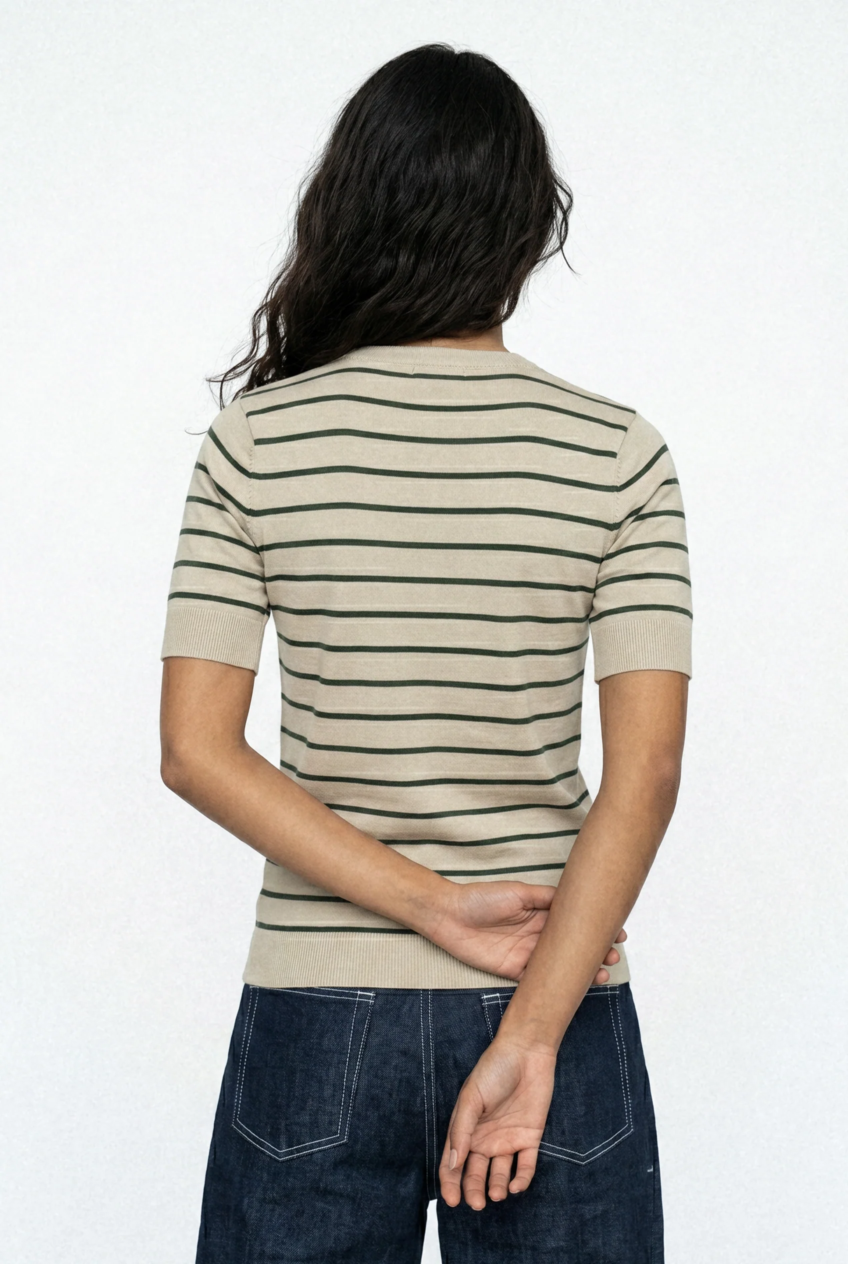 Women Soft Knit Stripe Tee - Cream and Green - Image 3