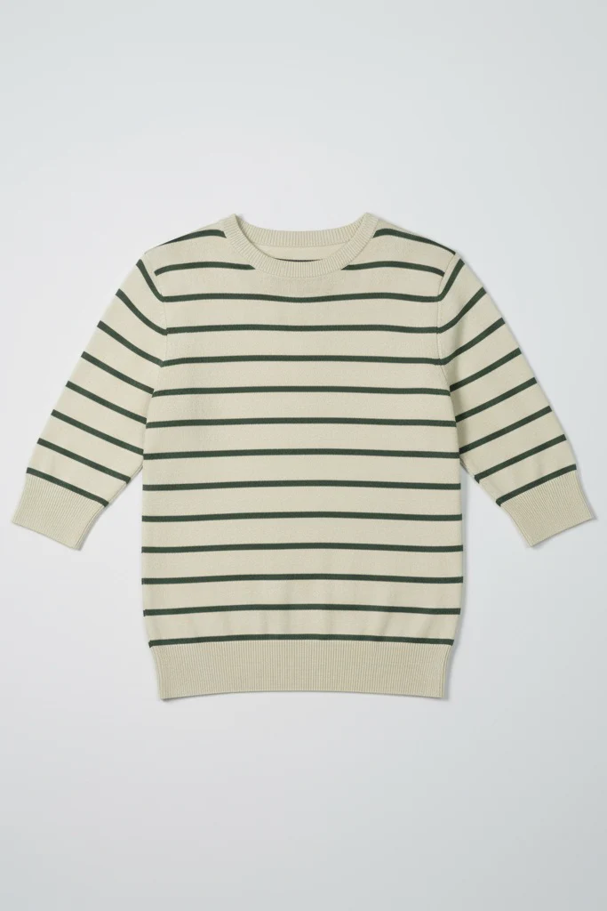Women Soft Knit Stripe Tee - Cream and Green - Image 4